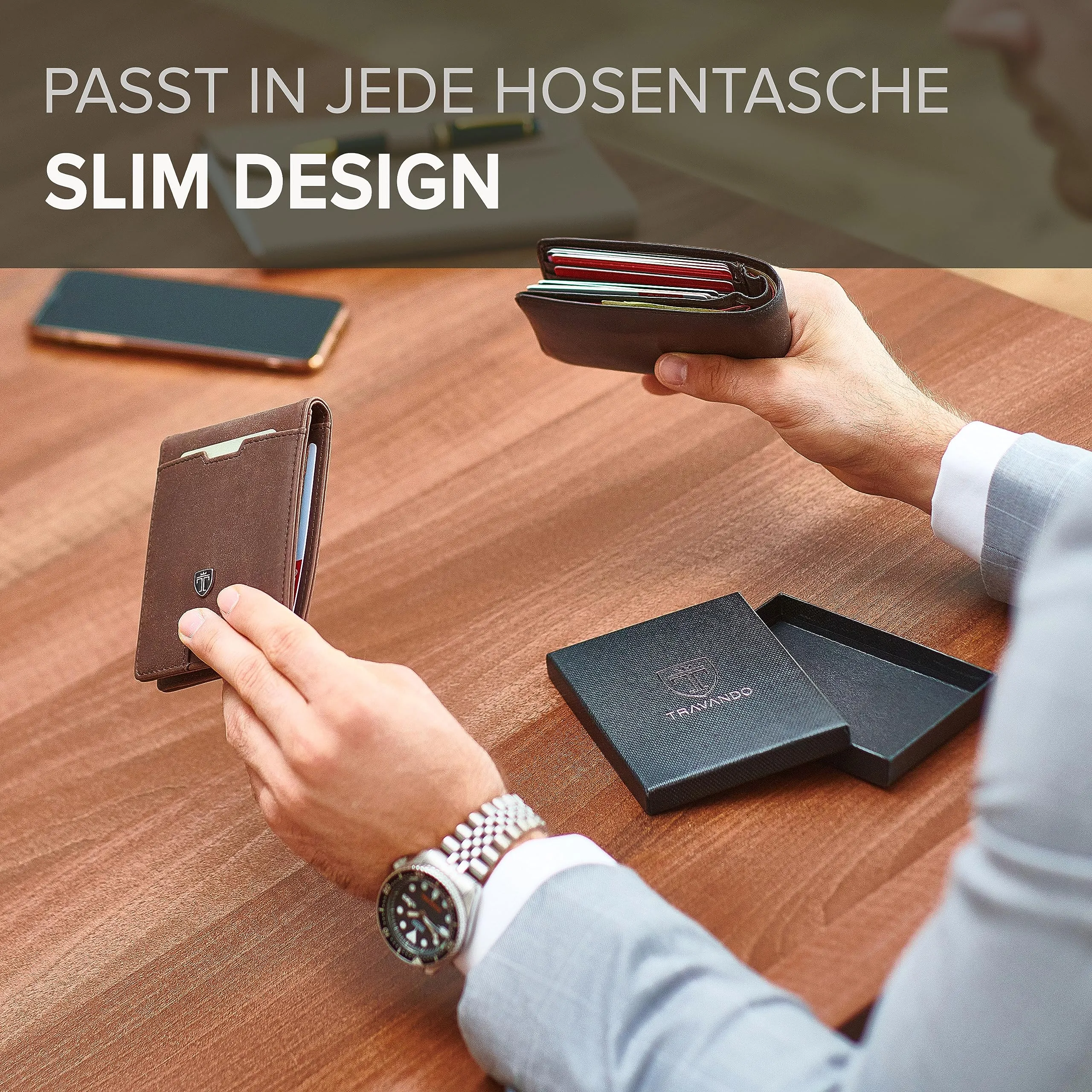 TRAVANDO Portafoglio Uomo Vienna con Protezione RFID, Porta Carte Slim con Clip per Contanti e Tasca Portamonete - immagine 5