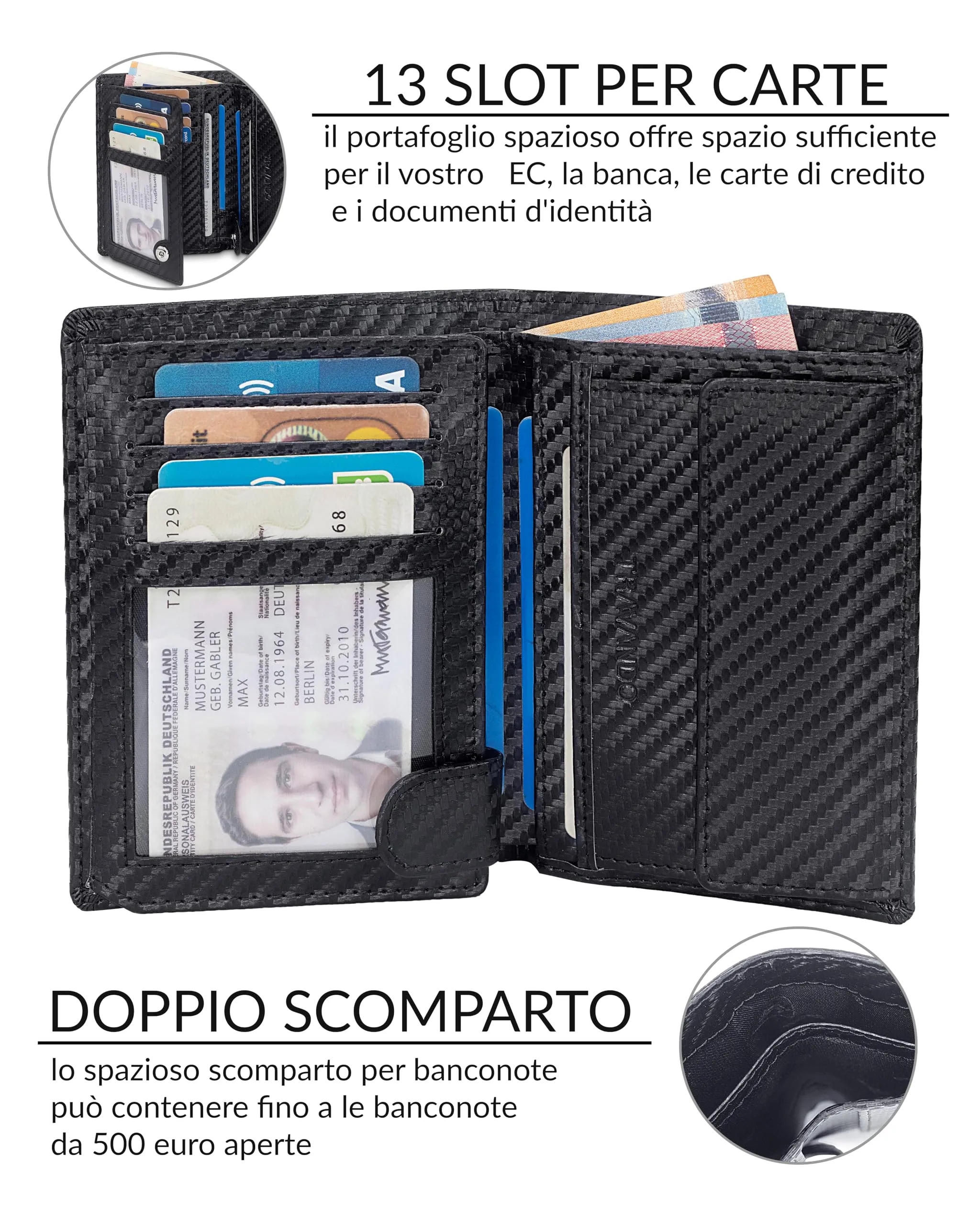 TRAVANDO Portafoglio Uomo Roma con Protezione RFID, Formato Verticale (Carbon) - immagine 2