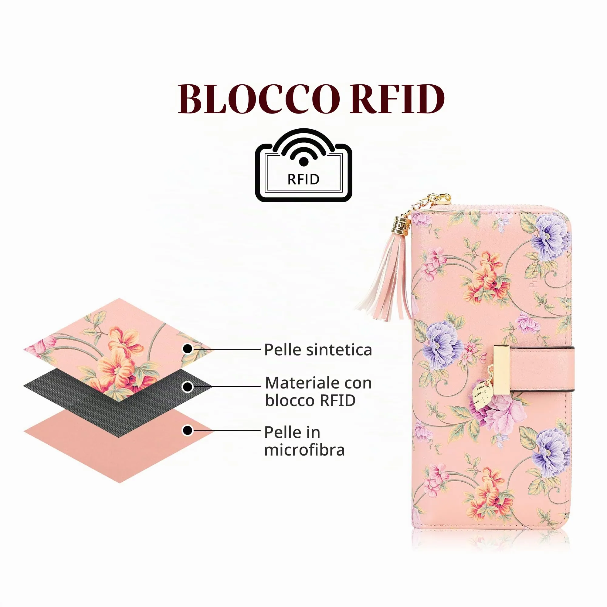 Pomelo Best Portafoglio Donna Lungo con Cerniera e Portamonete, Rosa Vite, Protezione RFID - immagine 3