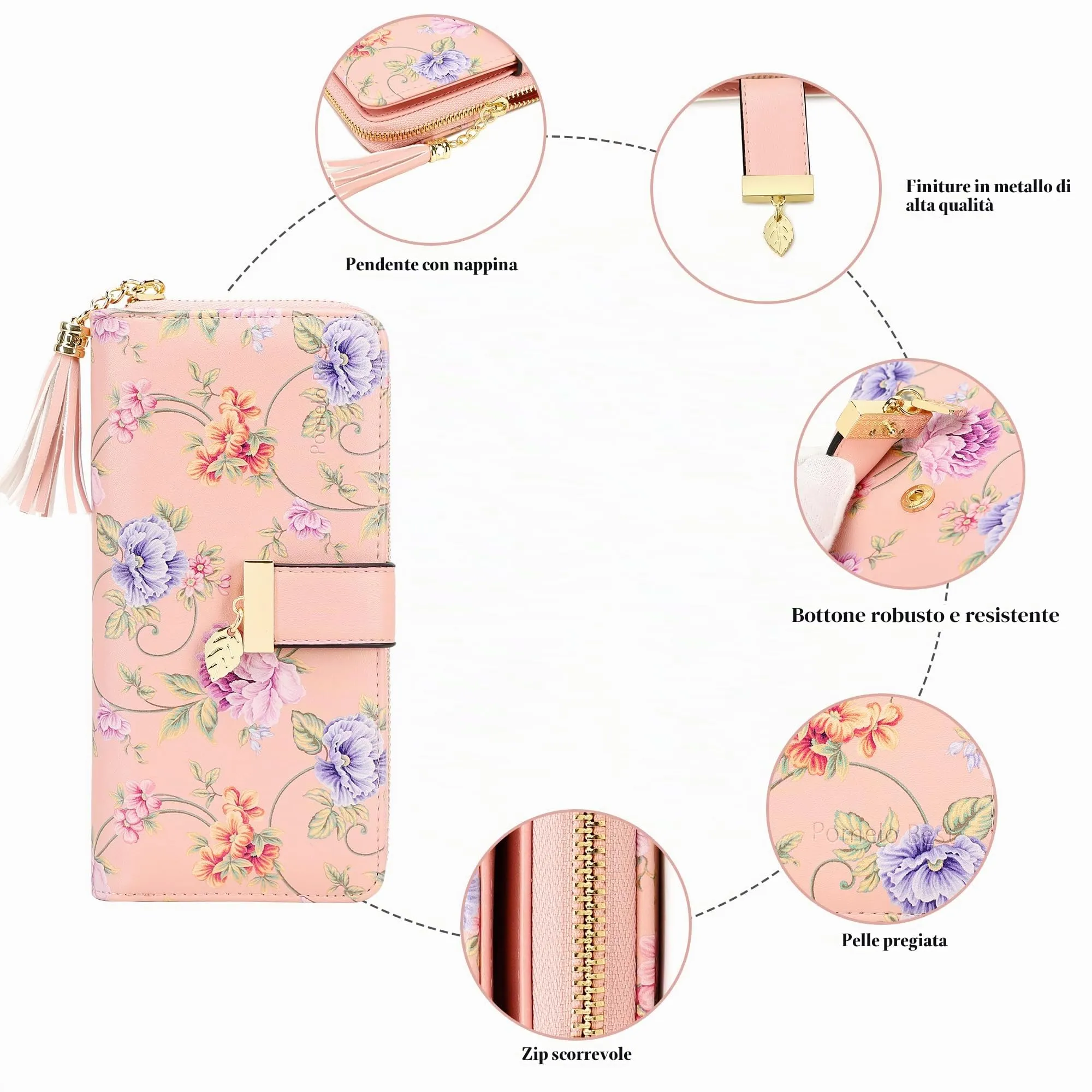 Pomelo Best Portafoglio Donna Lungo con Cerniera e Portamonete, Rosa Vite, Protezione RFID - immagine 4