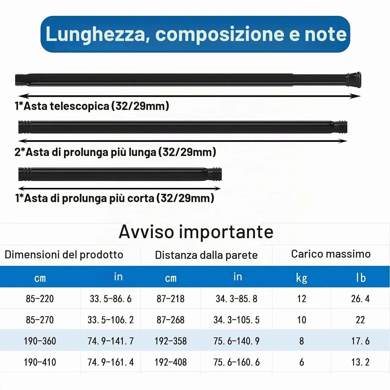 Aiitomg Asta Telescopica per Tenda da Doccia, Nero, 190-360 cm, diametro 32 mm - immagine 3