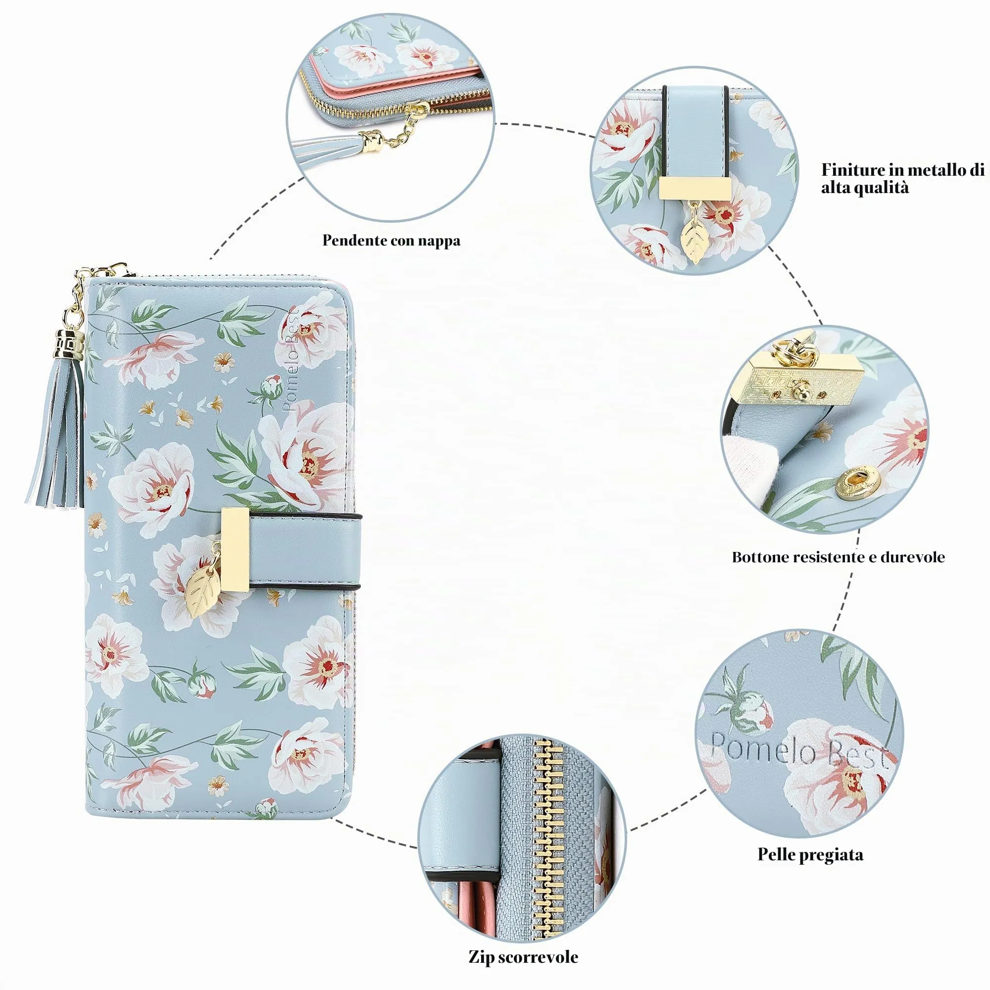 Pomelo Best Portafoglio Donna Lungo con Cerniera, Protezione RFID, Blu Peonia, Floreale - immagine 3