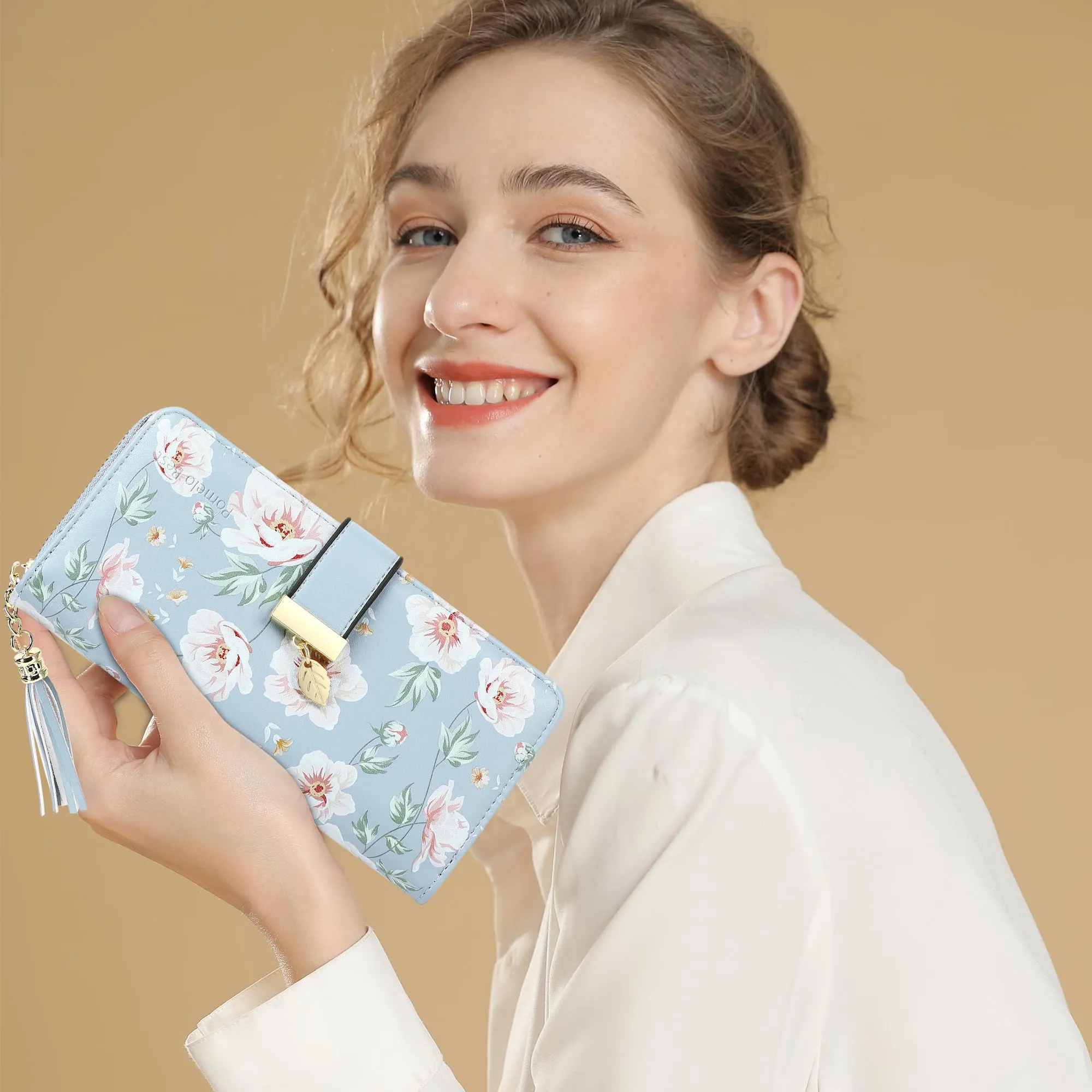 Pomelo Best Portafoglio Donna Lungo con Cerniera, Protezione RFID, Blu Peonia, Floreale - immagine 6
