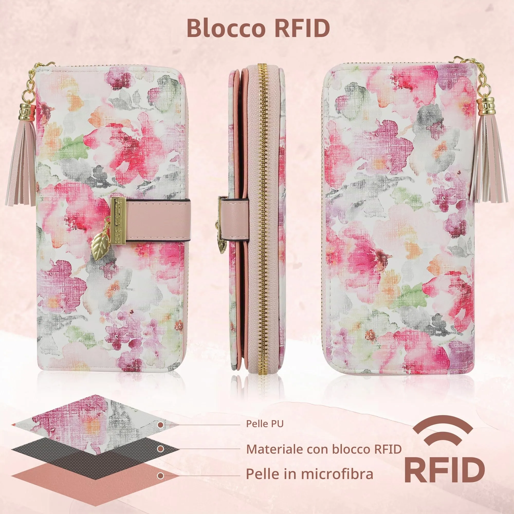 Pomelo Best Portafoglio Donna Lungo con Cerniera e Portamonete, Floreale, Peonia A Guazzo - immagine 2
