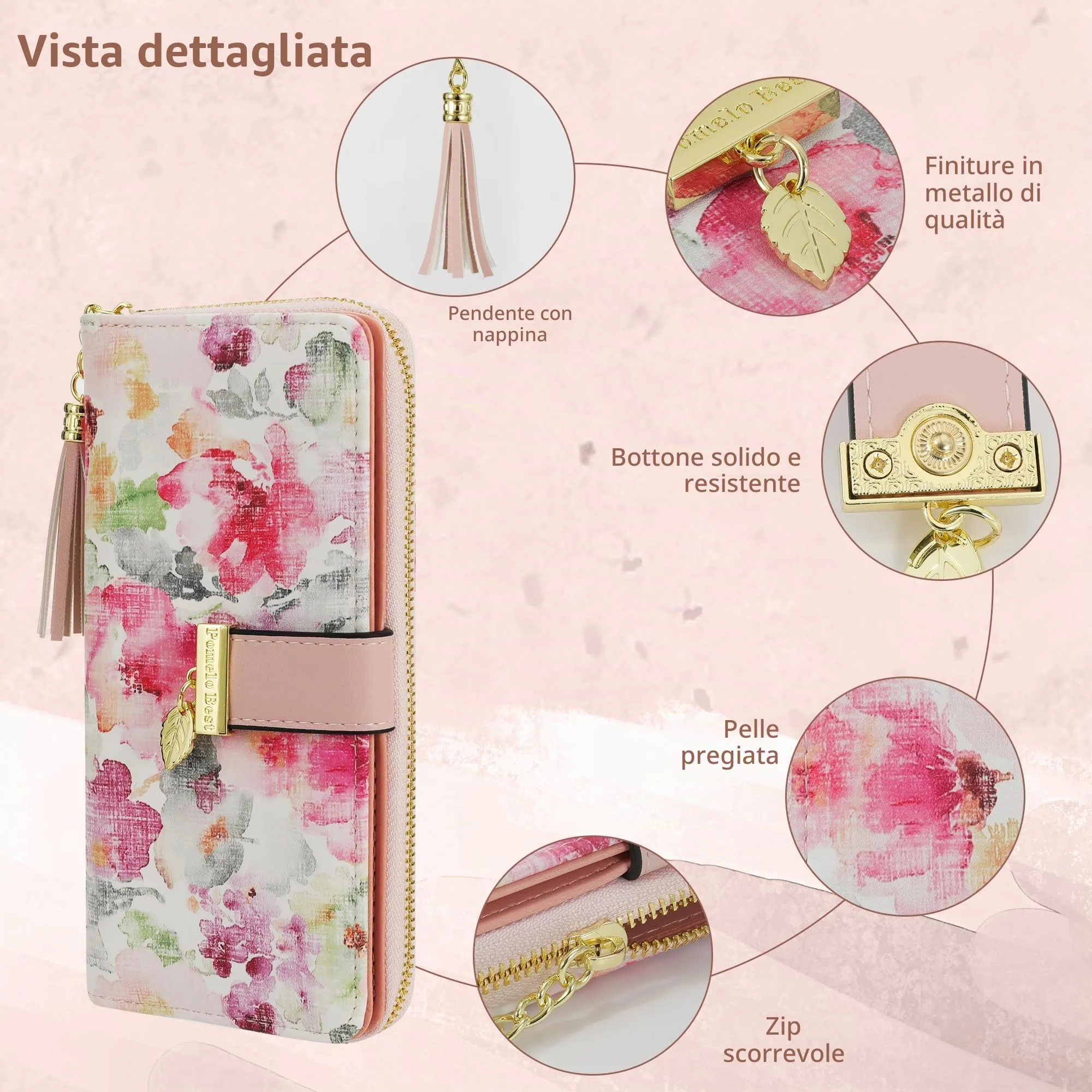 Pomelo Best Portafoglio Donna Lungo con Cerniera e Portamonete, Floreale, Peonia A Guazzo - immagine 5