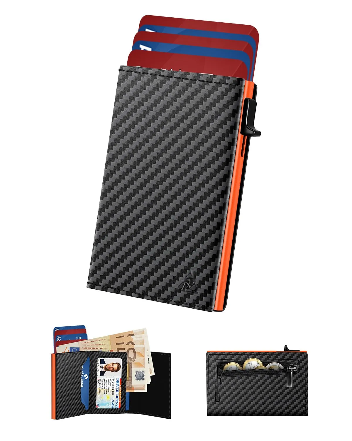 dwnkove Portafoglio Uomo Slim in Pelle Pop-up con Chiusura Magnetica, Finestra ID, RFID, Nero e Arancione - immagine 1
