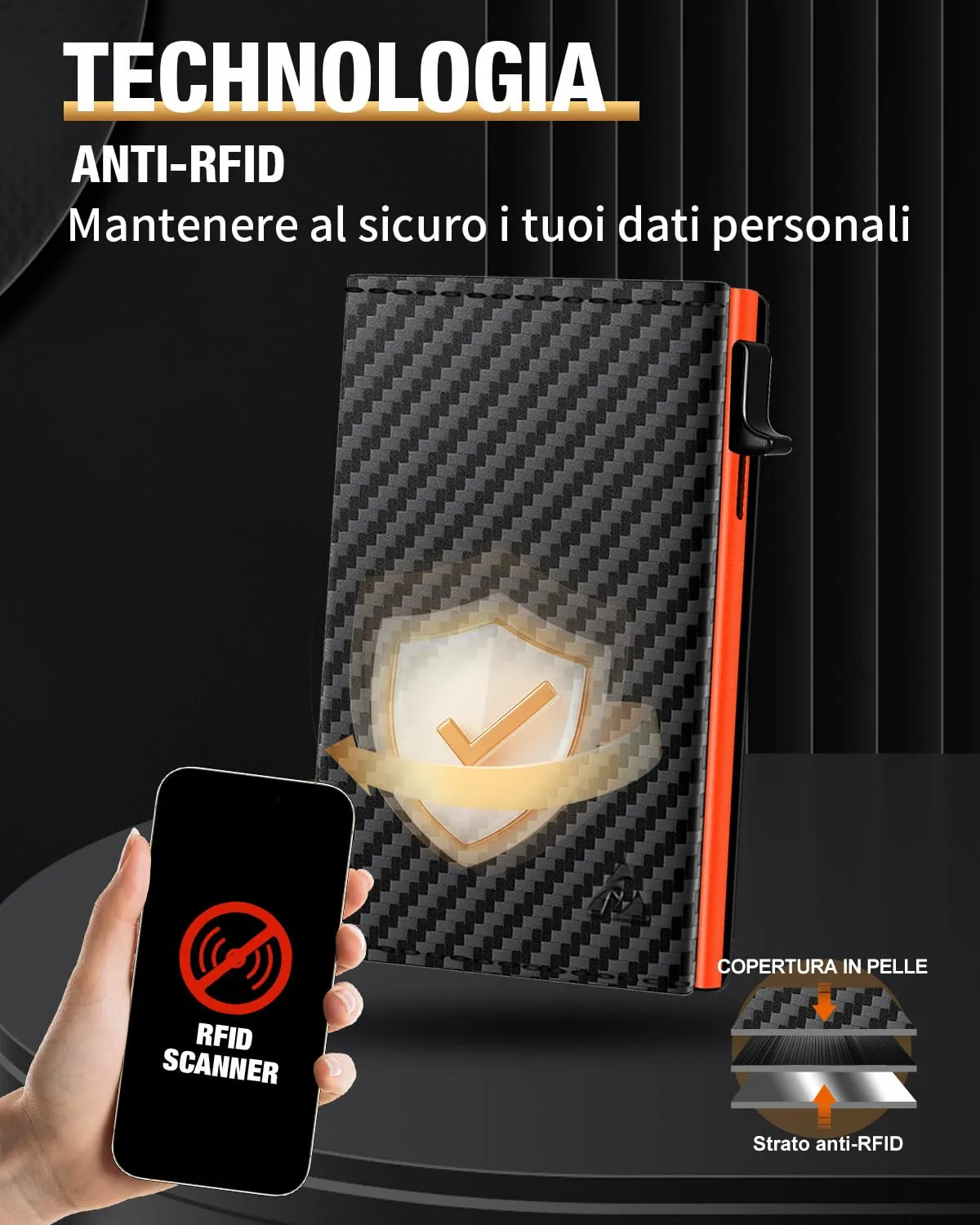 dwnkove Portafoglio Uomo Slim in Pelle Pop-up con Chiusura Magnetica, Finestra ID, RFID, Nero e Arancione - immagine 3