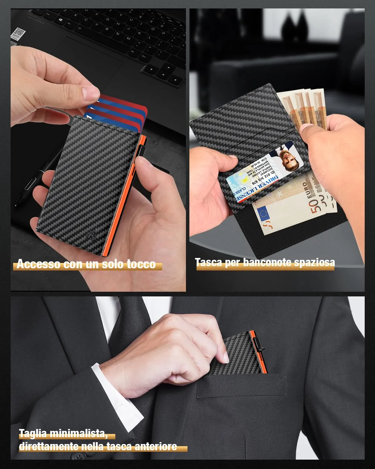 dwnkove Portafoglio Uomo Slim in Pelle Pop-up con Chiusura Magnetica, Finestra ID, RFID, Nero e Arancione - immagine 5