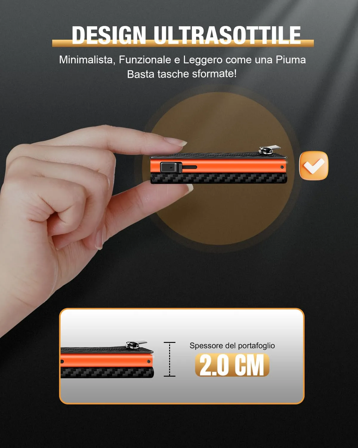 dwnkove Portafoglio Uomo Slim in Pelle Pop-up con Chiusura Magnetica, Finestra ID, RFID, Nero e Arancione - immagine 6