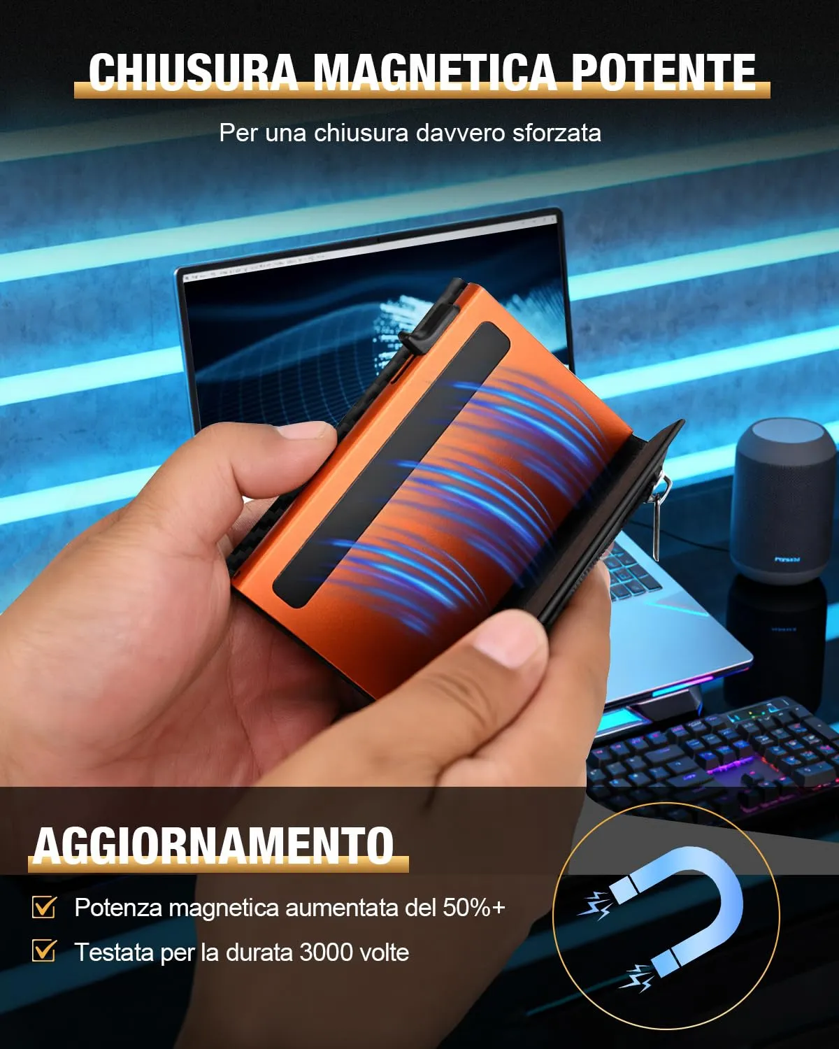 dwnkove Portafoglio Uomo Slim in Pelle Pop-up con Chiusura Magnetica, Finestra ID, RFID, Nero e Arancione - immagine 7