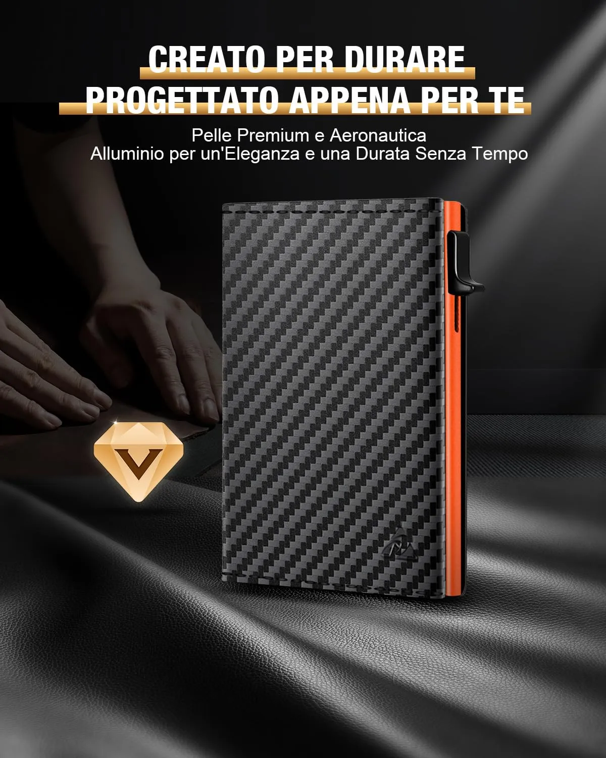 dwnkove Portafoglio Uomo Slim in Pelle Pop-up con Chiusura Magnetica, Finestra ID, RFID, Nero e Arancione - immagine 8