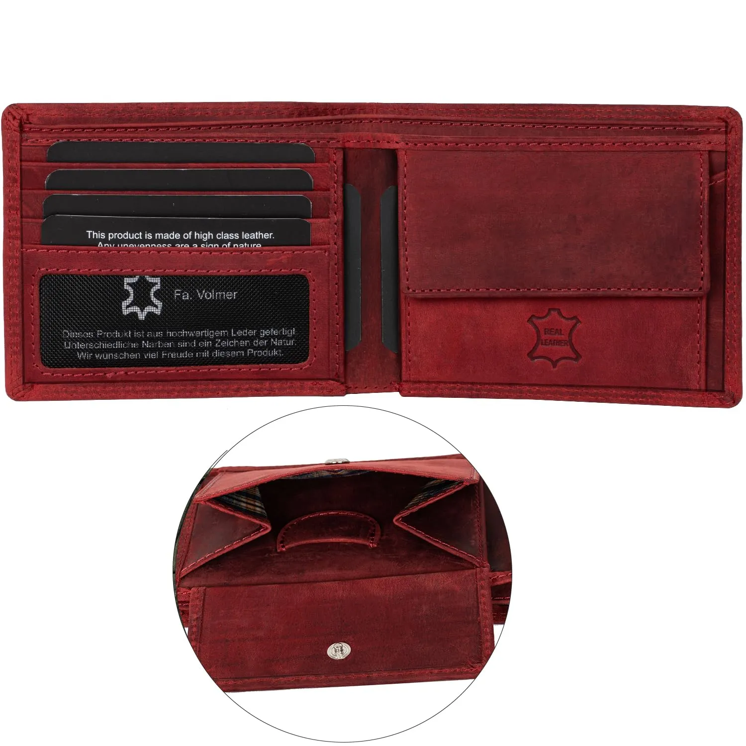 Fa.Volmer Portafoglio da uomo in pelle con protezione RFID, 6 scomparti per carte di credito, formato orizzontale, Hunter Red - immagine 2