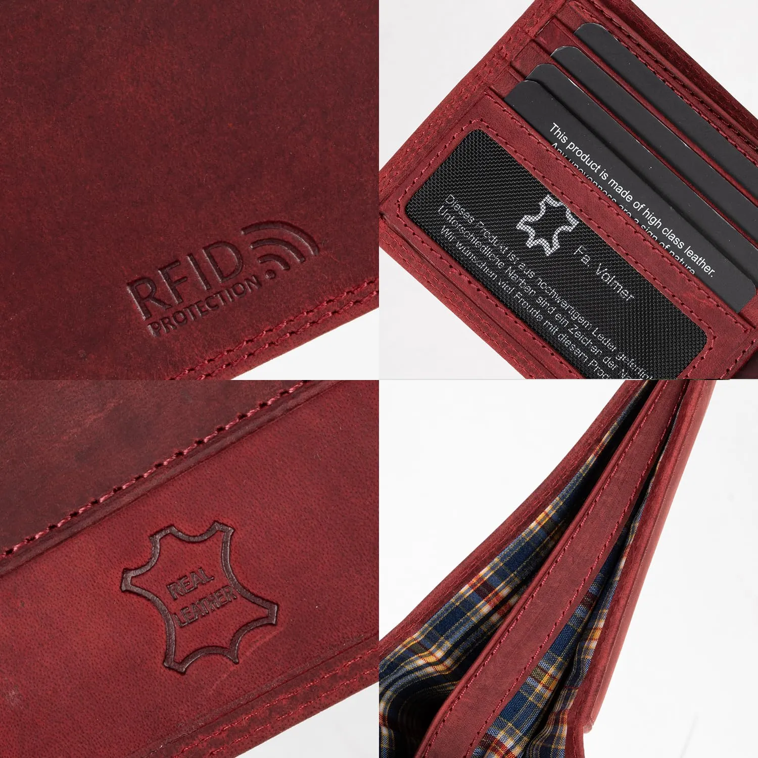 Fa.Volmer Portafoglio da uomo in pelle con protezione RFID, 6 scomparti per carte di credito, formato orizzontale, Hunter Red - immagine 4