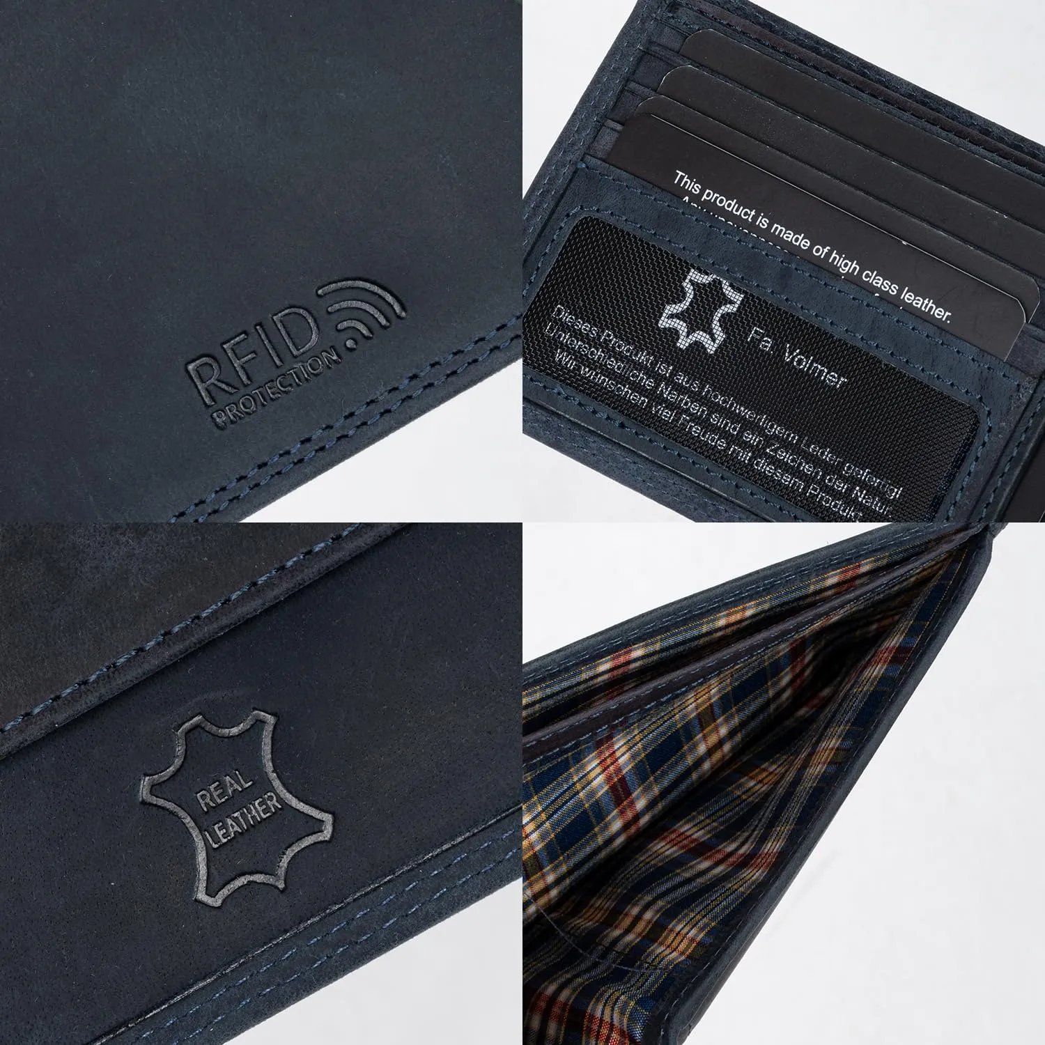 Fa.Volmer Portafoglio da uomo in pelle con protezione RFID, formato orizzontale, Hunter Navy - immagine 4