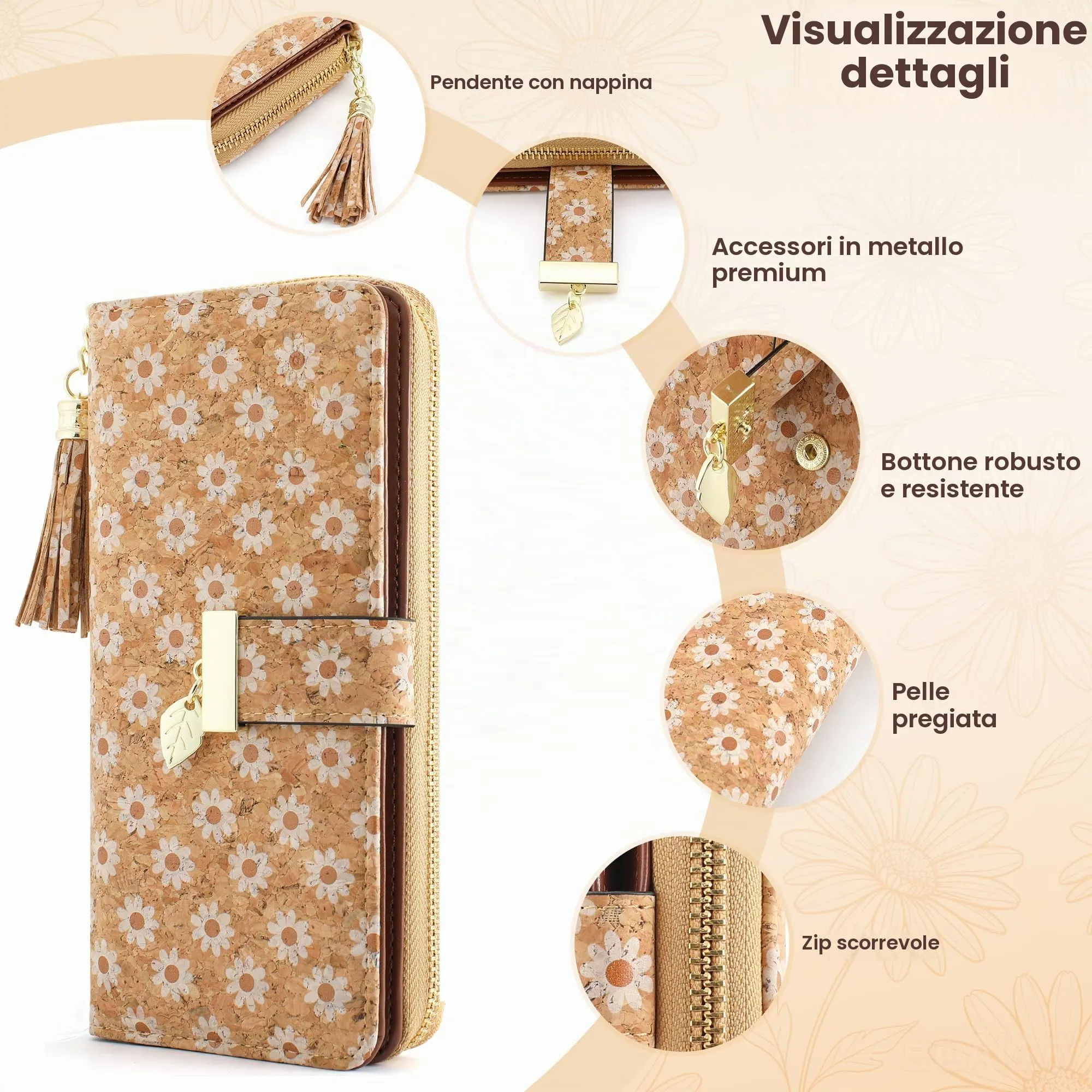 Pomelo Best Portafoglio Donna Lungo con Chiusura a Cerniera e Portamonete (Legno/Margherita) - immagine 4