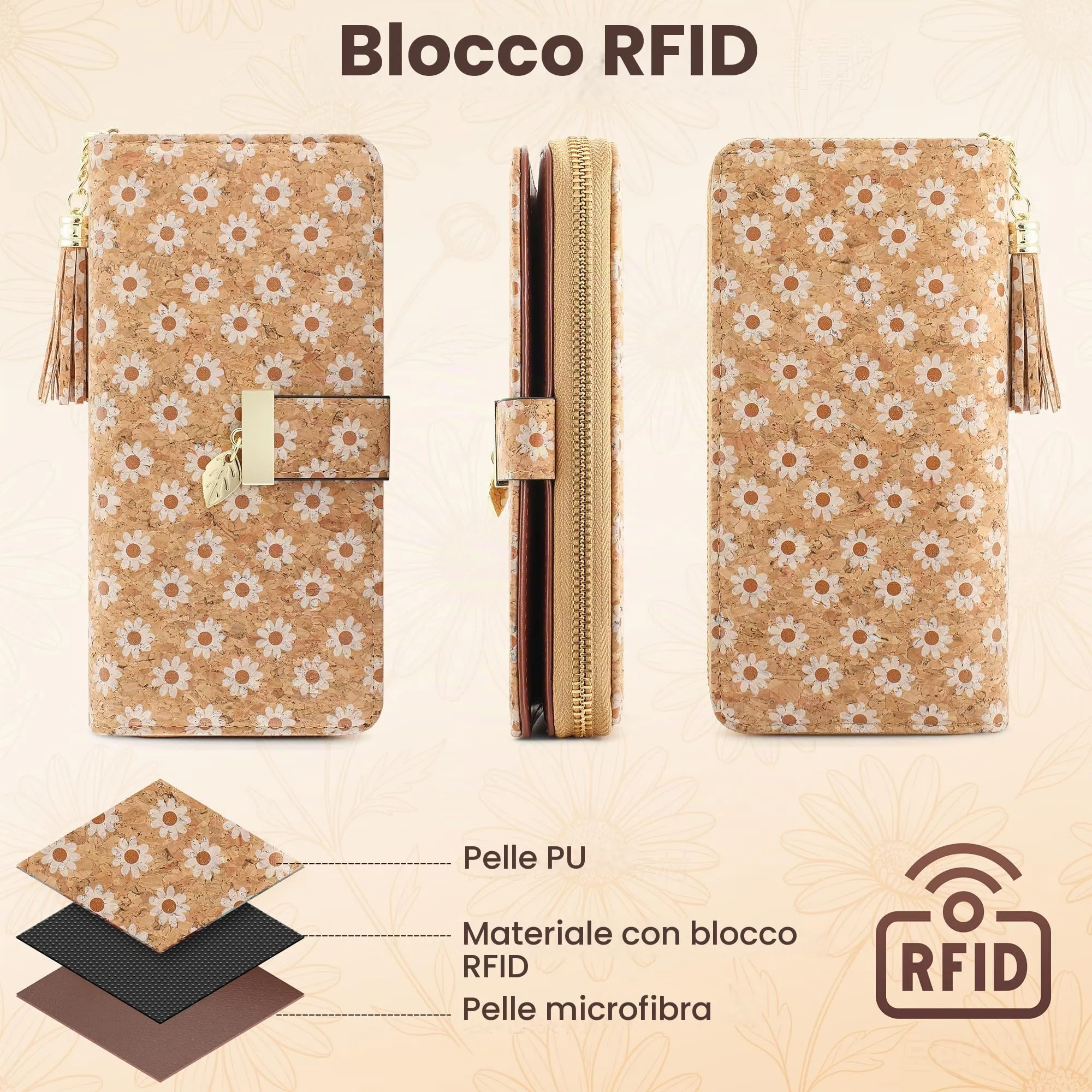 Pomelo Best Portafoglio Donna Lungo con Chiusura a Cerniera e Portamonete (Legno/Margherita) - immagine 5