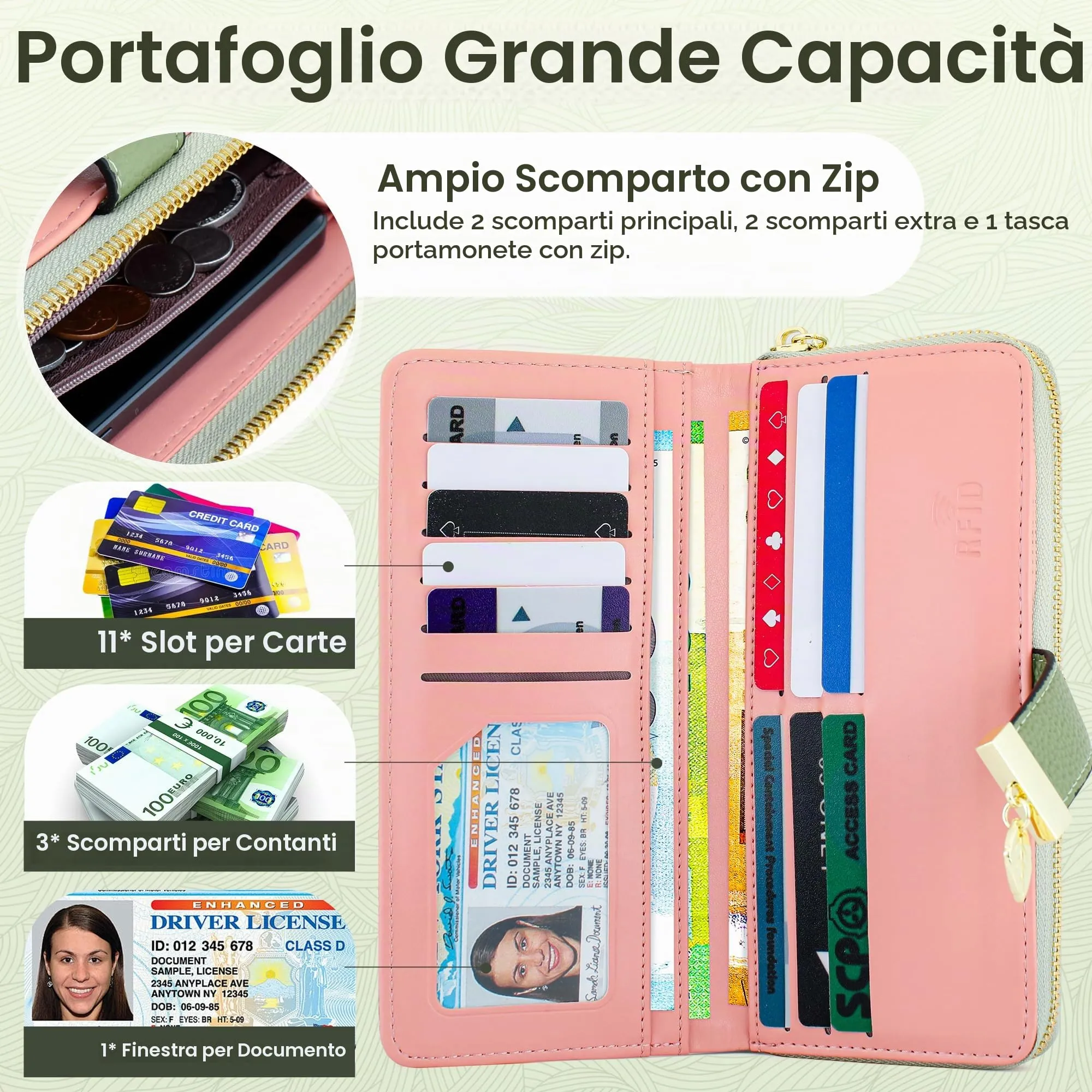 Pomelo Best Portafoglio Donna Lungo con Cerniera e Portamonete, Verde Rigoglioso A righe - immagine 3