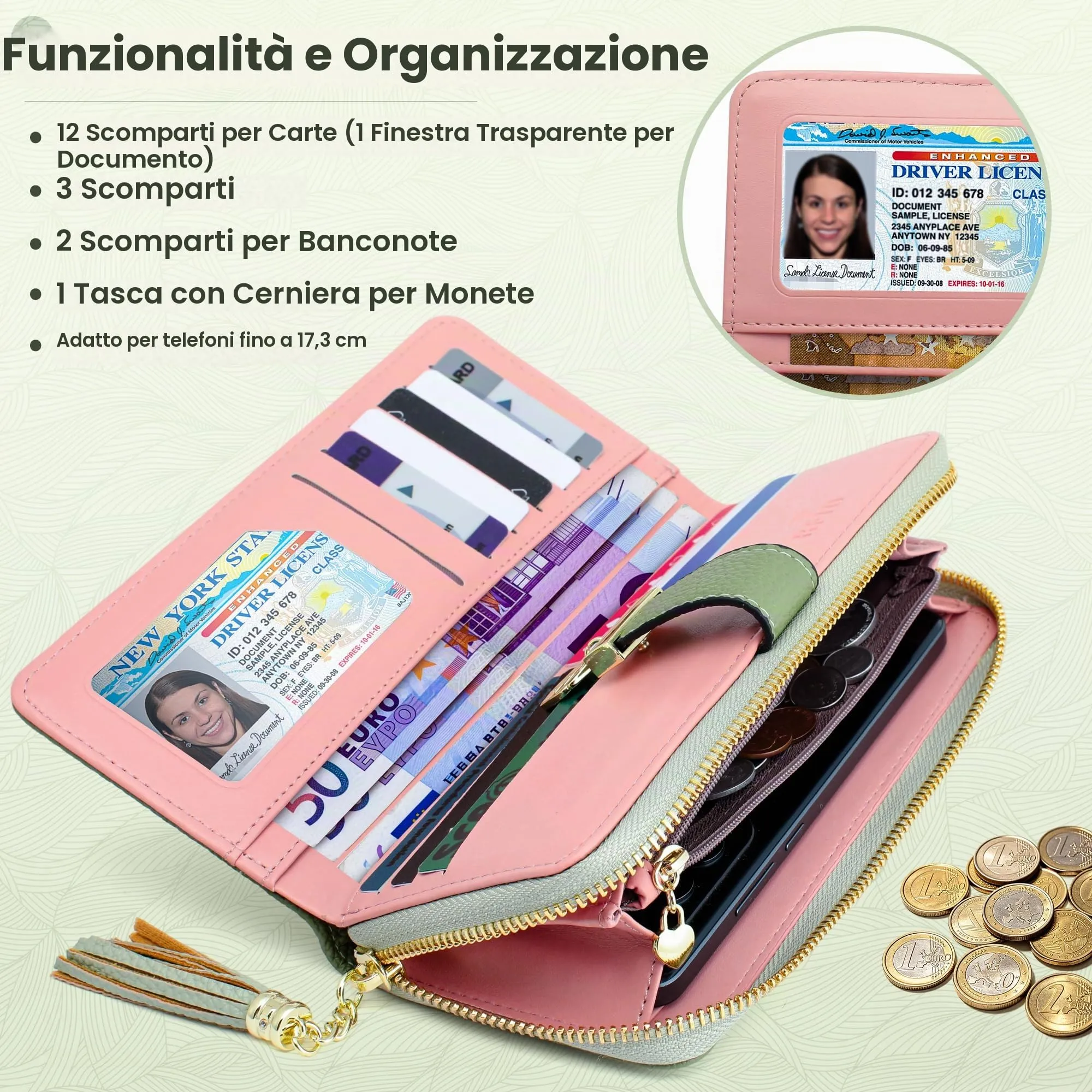 Pomelo Best Portafoglio Donna Lungo con Cerniera e Portamonete, Verde Rigoglioso A righe - immagine 6