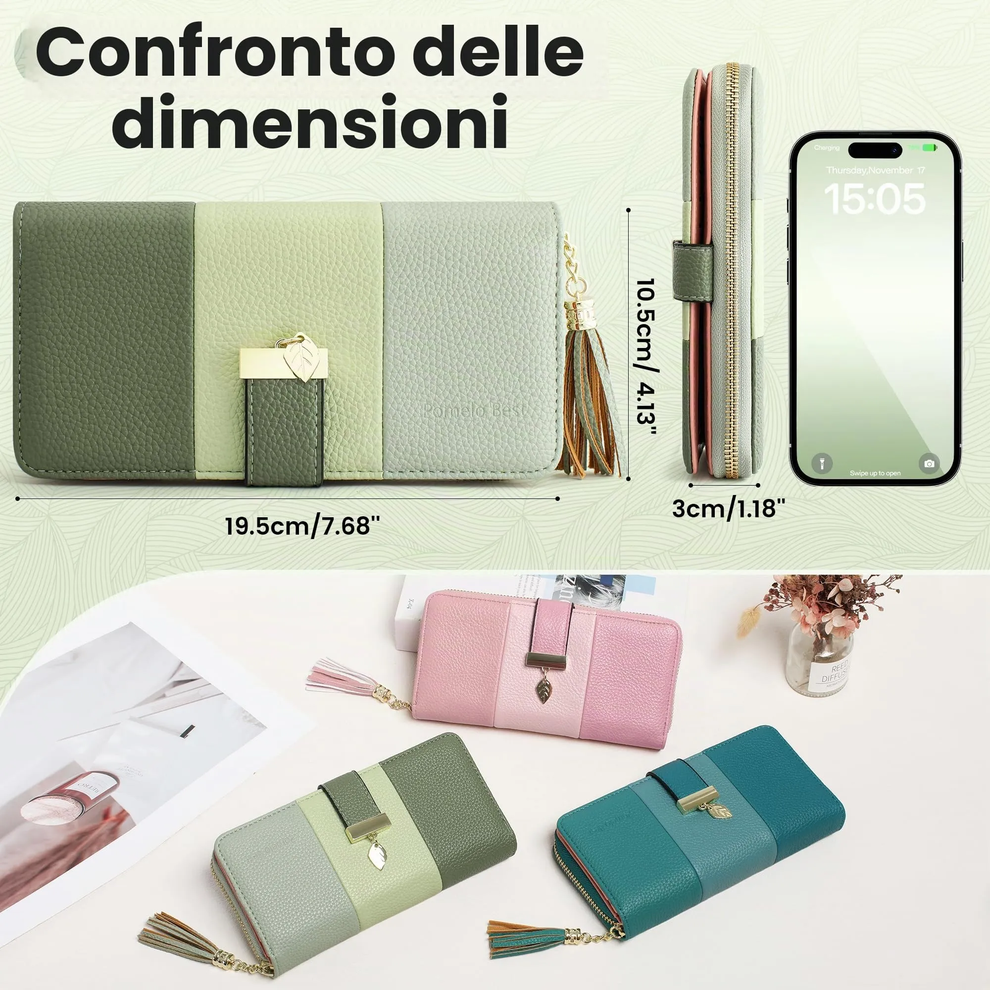 Pomelo Best Portafoglio Donna Lungo con Cerniera e Portamonete, Verde Rigoglioso A righe - immagine 7