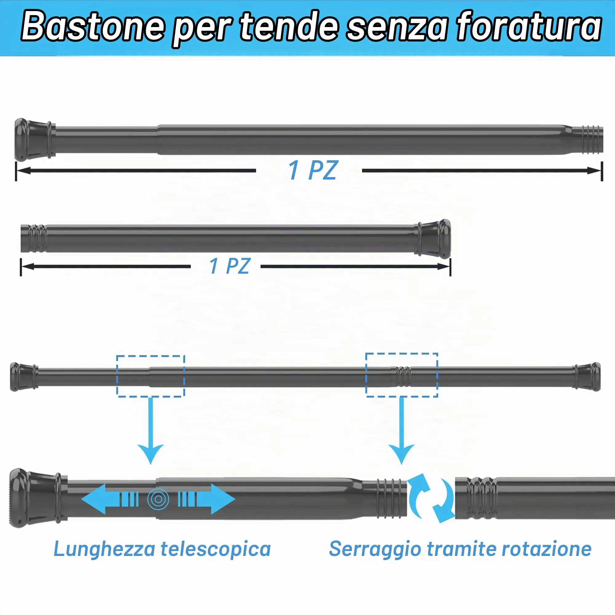 Aiitomg Bastone Tenda a Pressione, 135-200cm, Diametro 25mm, Nero - immagine 3
