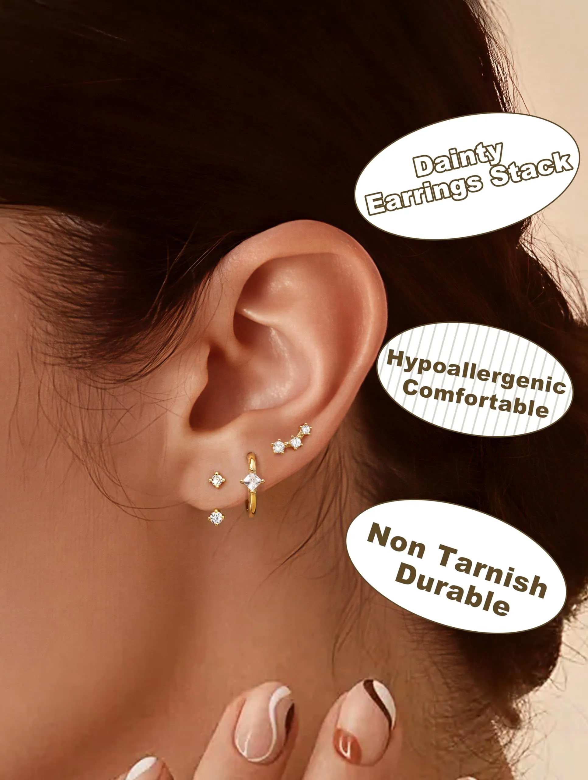 JeweBella Set di 3 Paia di Orecchini in Argento 925 Placcato Oro 14K per Donna, Orecchini a Lobo e a Cerchio per Piercing Multipli - immagine 2