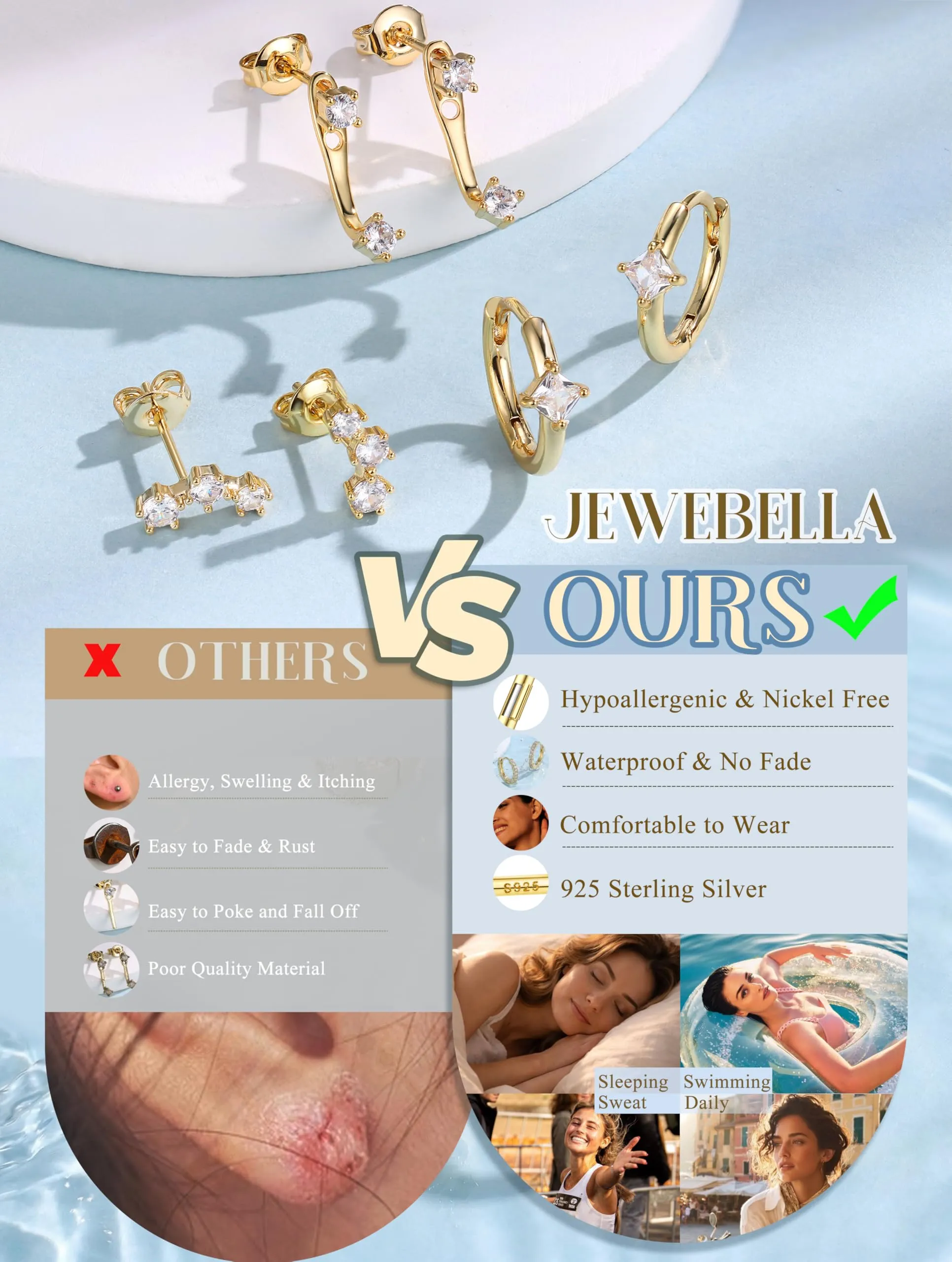 JeweBella Set di 3 Paia di Orecchini in Argento 925 Placcato Oro 14K per Donna, Orecchini a Lobo e a Cerchio per Piercing Multipli - immagine 4