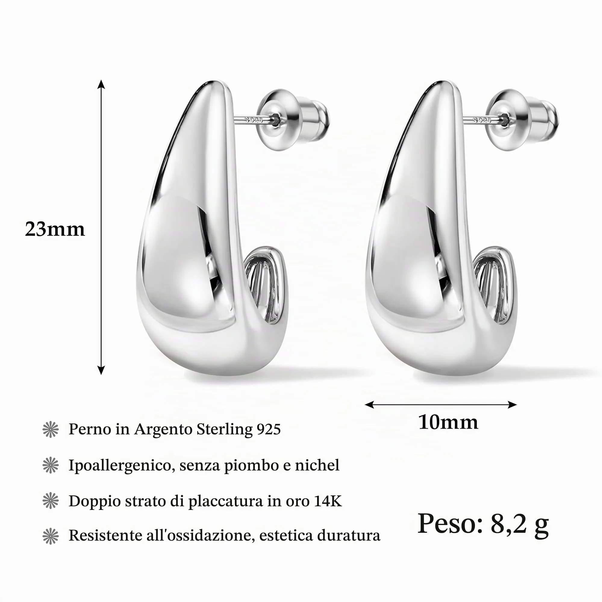 Dochais Orecchini a Cerchio a Goccia in Argento 925 Placcati in Oro 14K, Anallergici - immagine 3