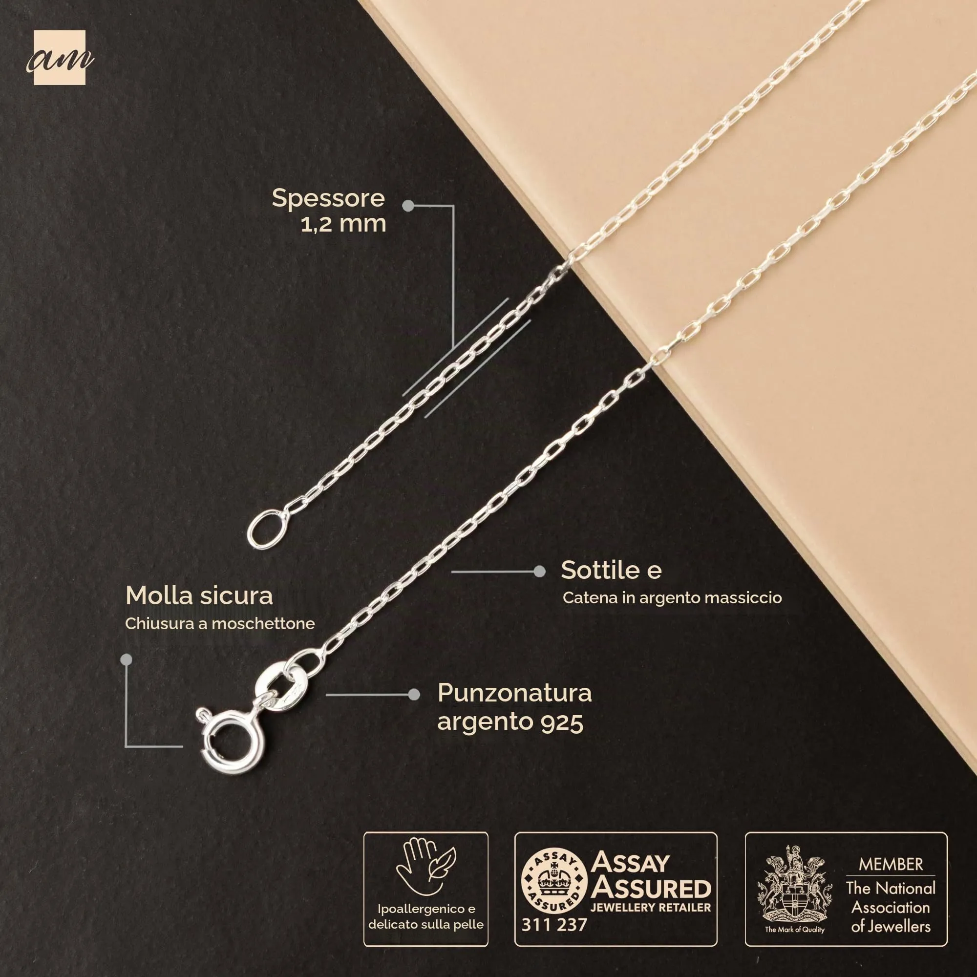 Amberta Catenina in Argento 925 Maglia Veneziana Quadrata, 45 cm - immagine 5
