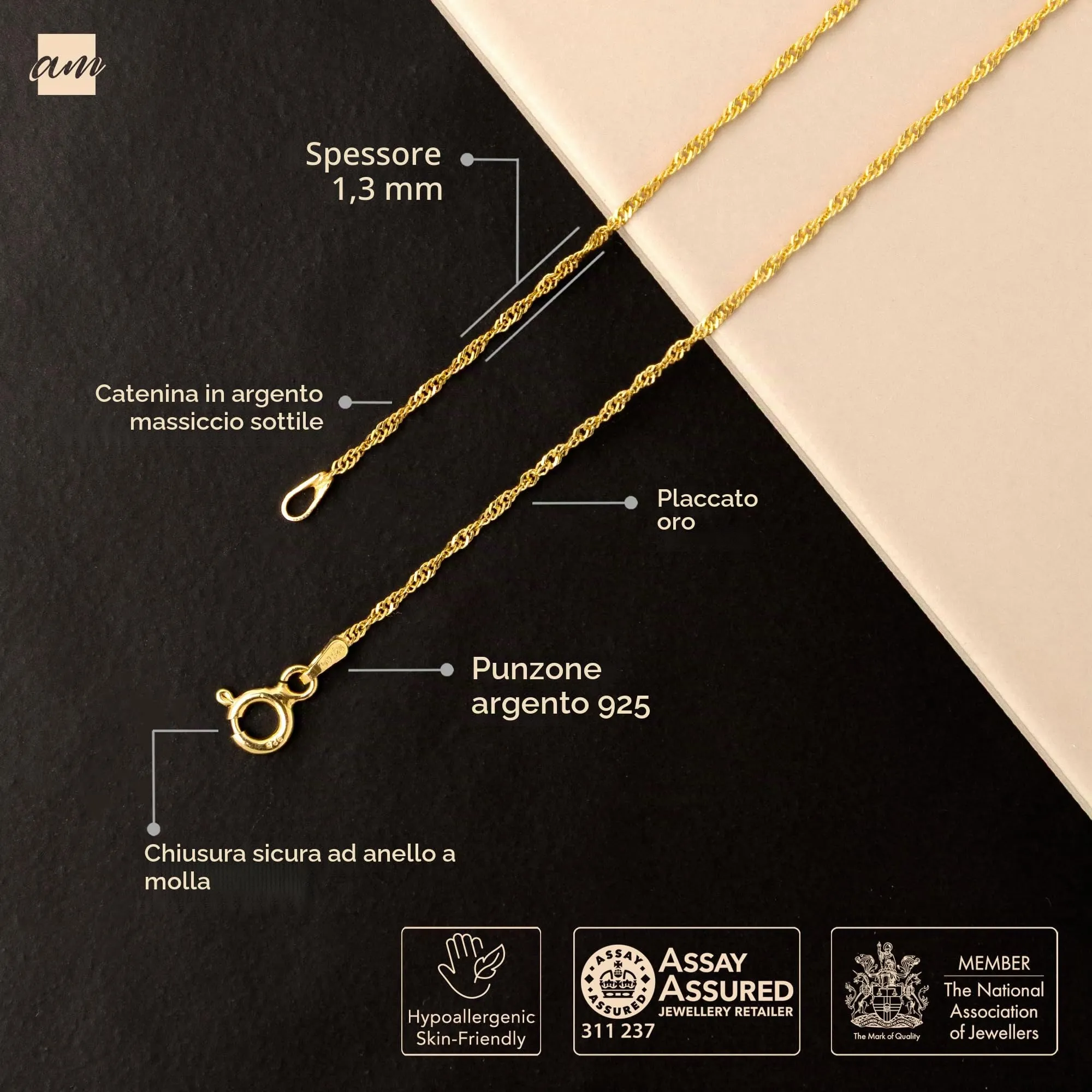 Amberta Catenina Argento 925 Singapore Dorata, 50 cm - immagine 5