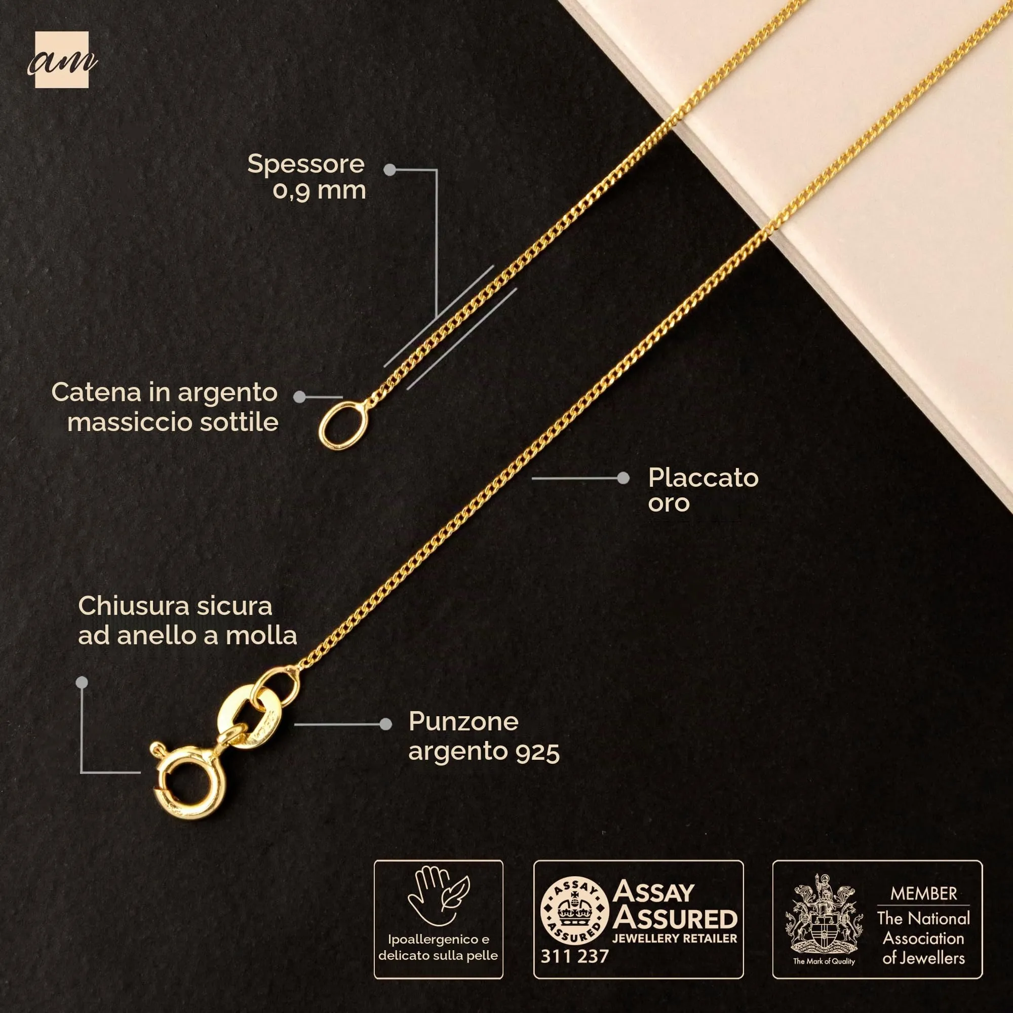 Amberta Catenina in Argento 925 Maglia Veneziana Quadrata, 40 cm - immagine 5
