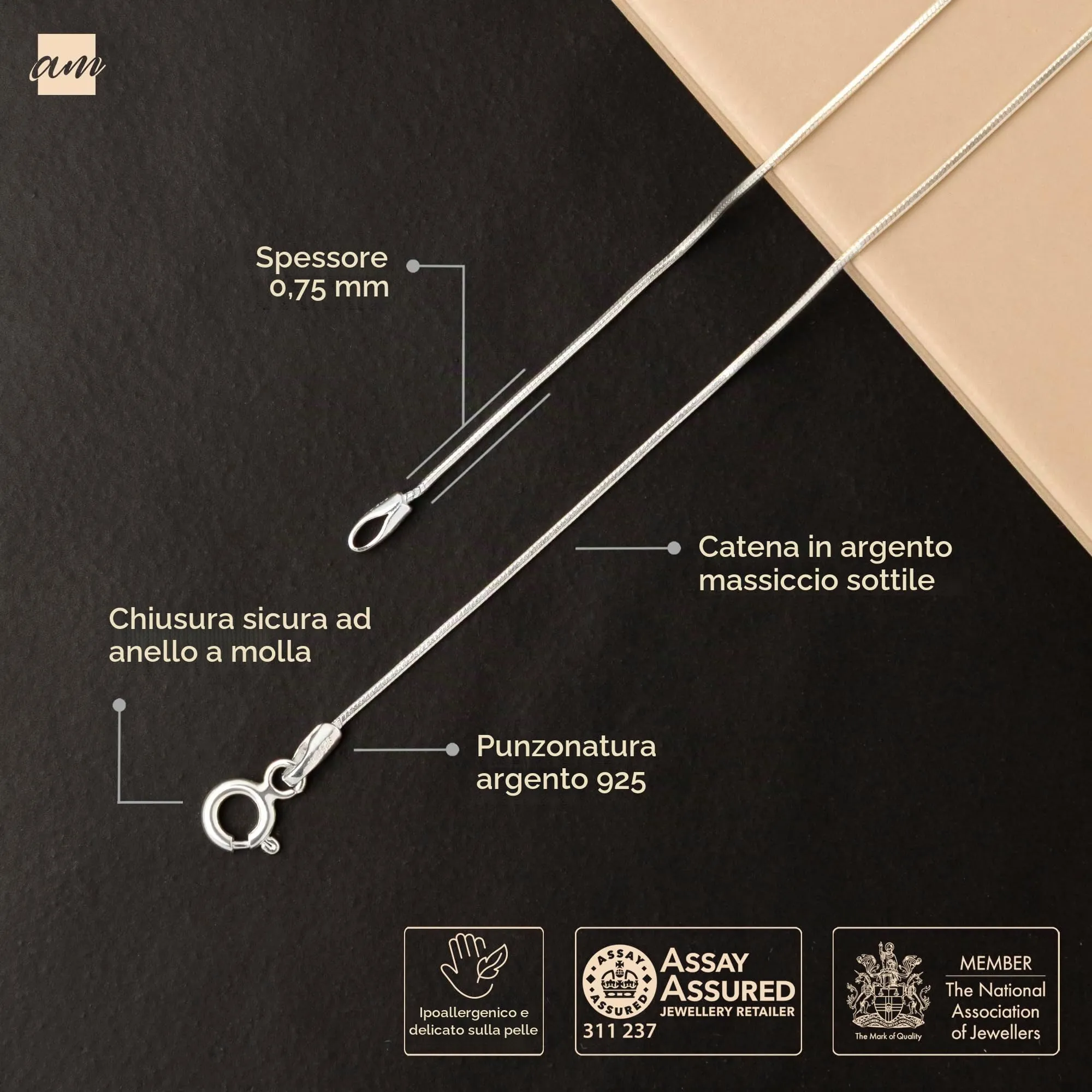 Amberta Catenina in Argento 925 Maglia Serpente, 45 cm - immagine 5