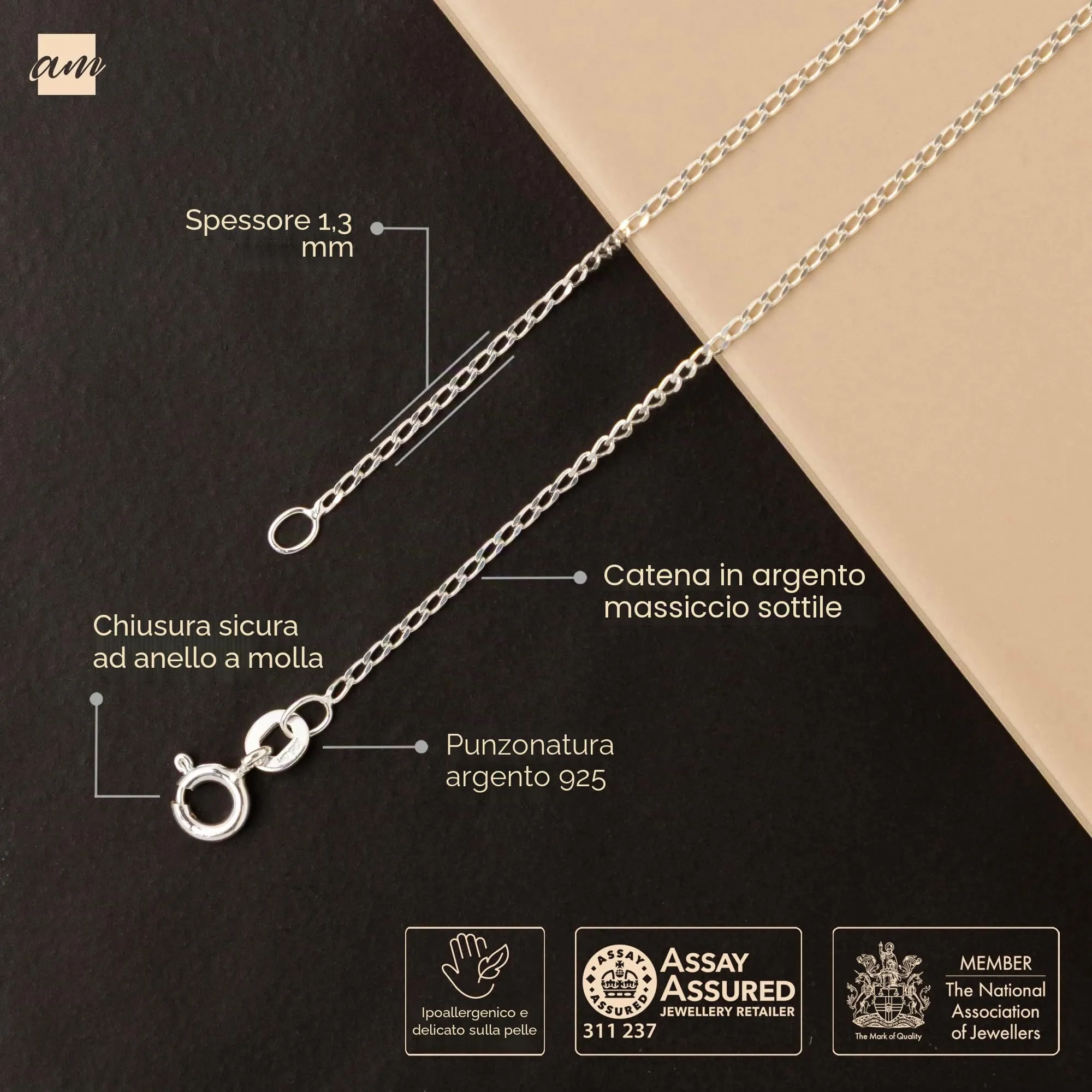 Amberta Catenina in Argento 925 Maglia Veneziana Quadrata, 50 cm - immagine 5