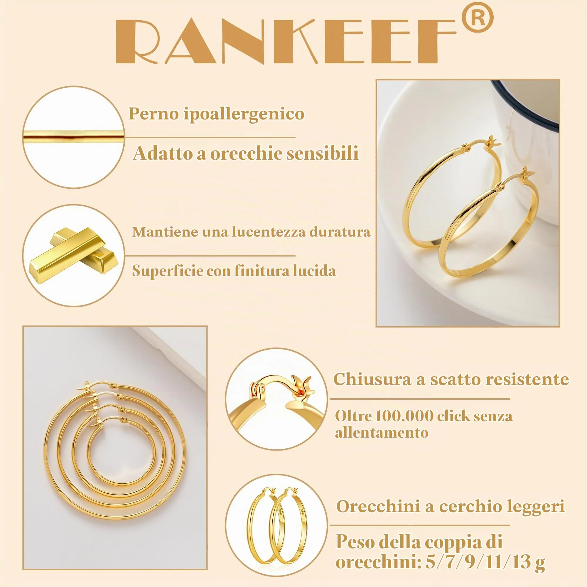 RANKEEF Orecchini a Cerchio Donna 14k Placcato Oro, 3 mm Larghi, Argento 925 Sterling Post, Ipoallergenico - immagine 3