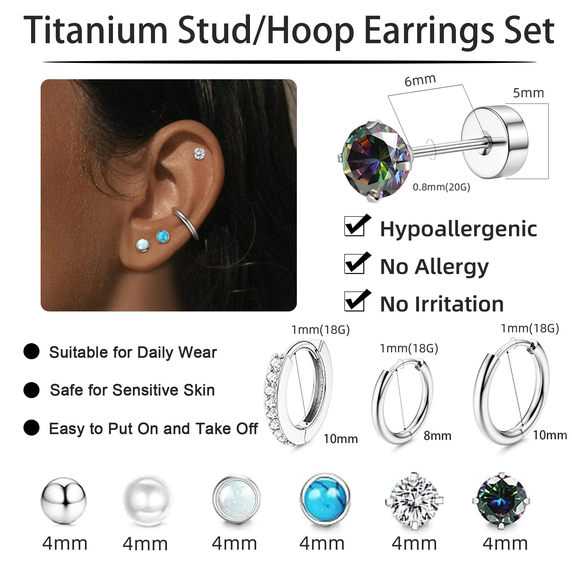 LOFITOR Set 9 Paia Orecchini in Titanio Ipoallergenici per Donne e Uomini, Cerchi e Stud per Helix Trago e Lobo (Argento, Oro, Nero) - immagine 4