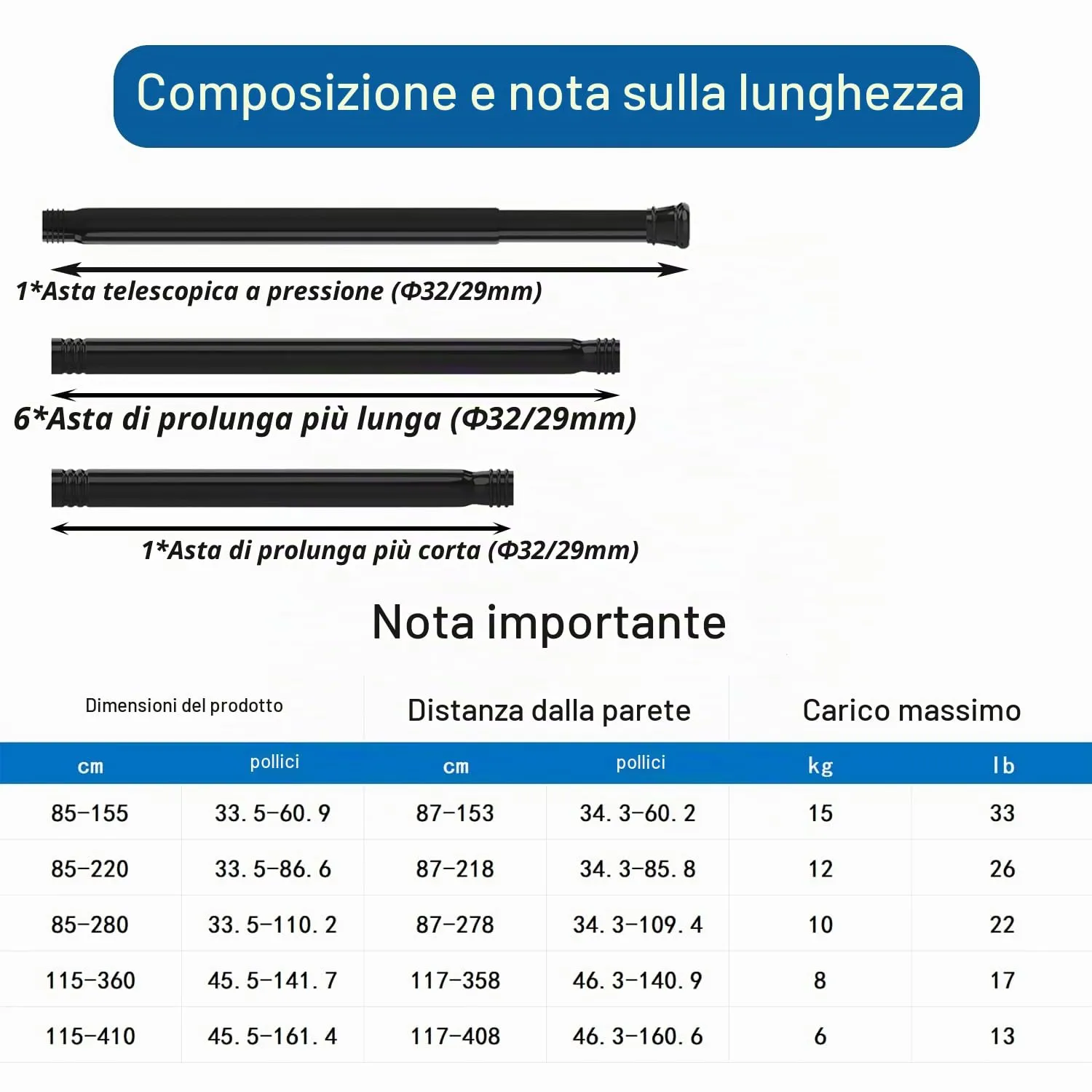 Aiitomg Asta per tenda da doccia telescopica allungabile, nero, 115-410 cm, diametro 32 mm - immagine 2
