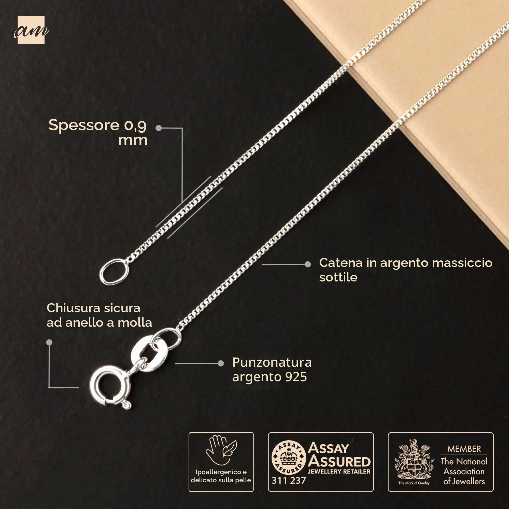 Amberta Catenina in Argento 925 Maglia Veneziana Quadrata, 50 cm - immagine 5