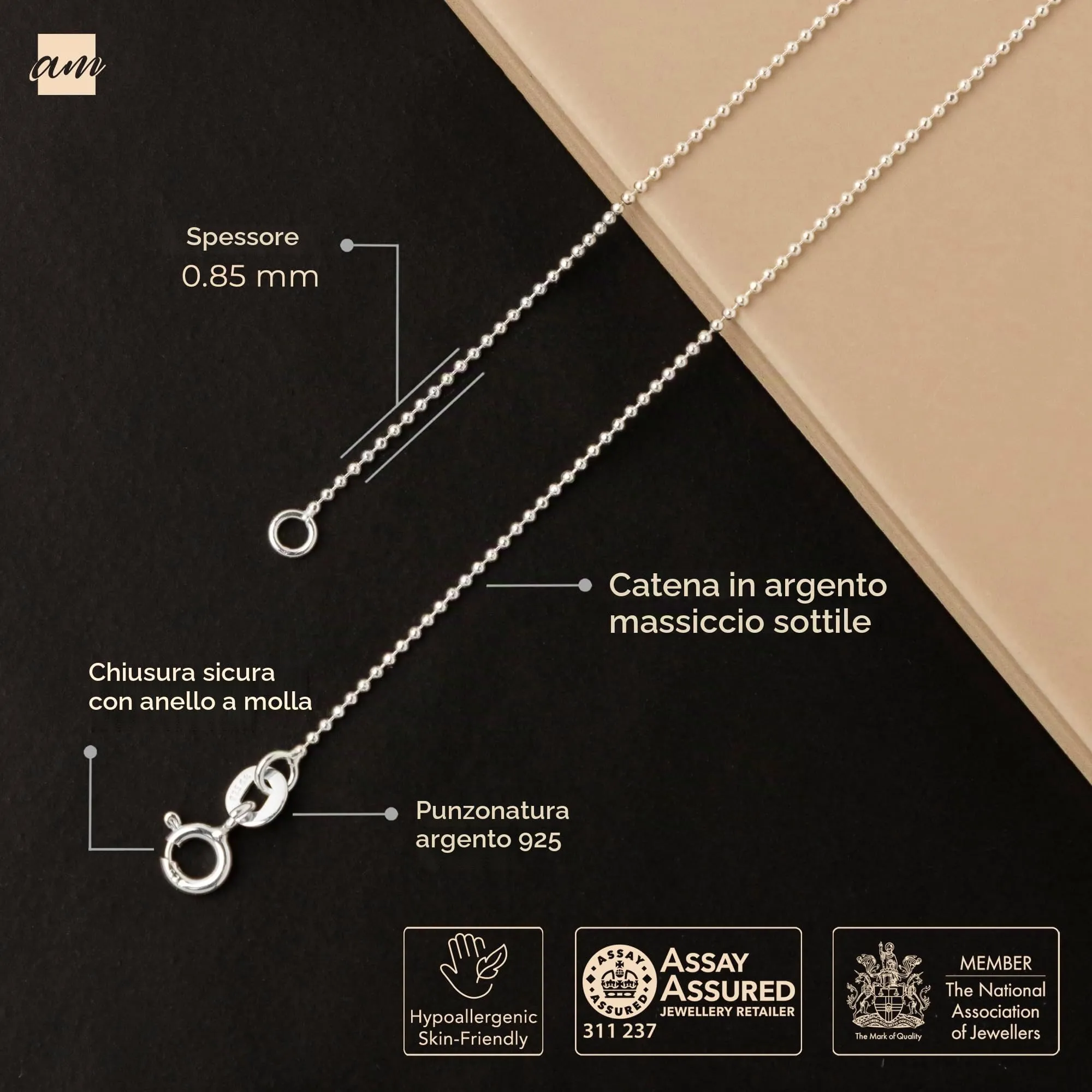 Amberta Catenina Argento 925 Maglia Veneziana Sfere per Donna Uomo 40 cm - immagine 5