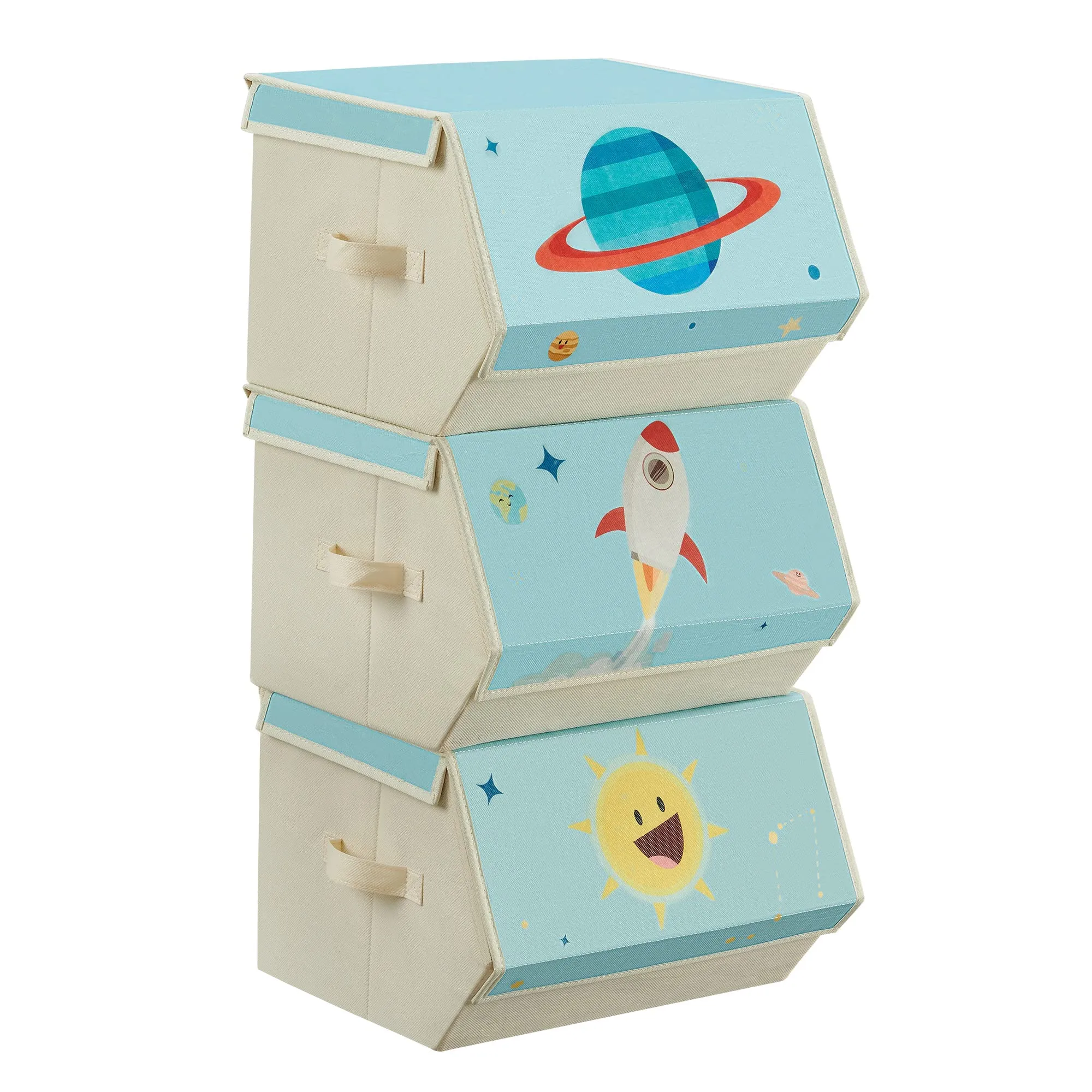 SONGMICS Organizzatori per Bambini, 3 Scatole Portaoggetti Impilabili e Pieghevoli con Manici e Coperchio Magnetico, Tema Spazio, Azzurro RLB700Q01 - immagine 1