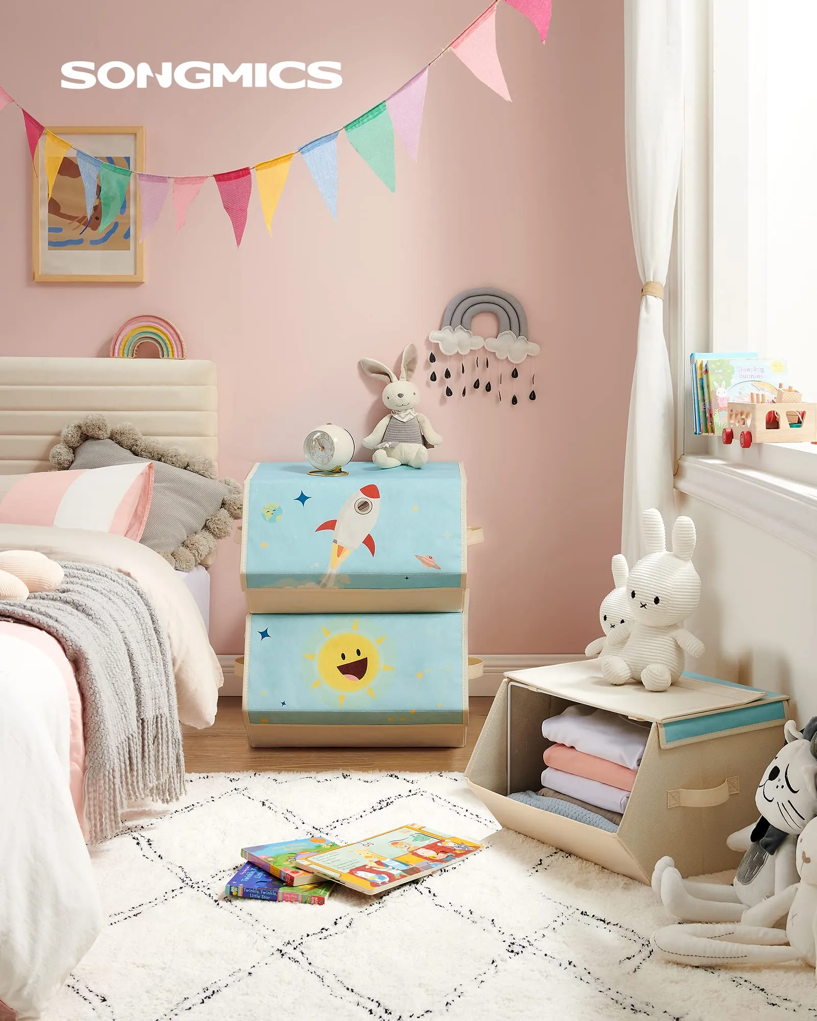 SONGMICS Organizzatori per Bambini, 3 Scatole Portaoggetti Impilabili e Pieghevoli con Manici e Coperchio Magnetico, Tema Spazio, Azzurro RLB700Q01 - immagine 2