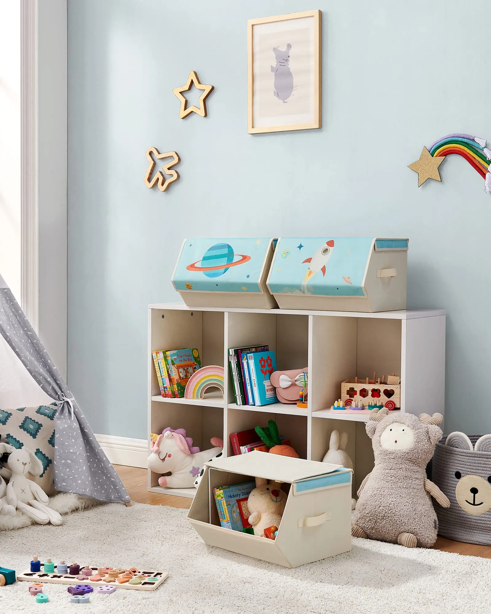 SONGMICS Organizzatori per Bambini, 3 Scatole Portaoggetti Impilabili e Pieghevoli con Manici e Coperchio Magnetico, Tema Spazio, Azzurro RLB700Q01 - immagine 3