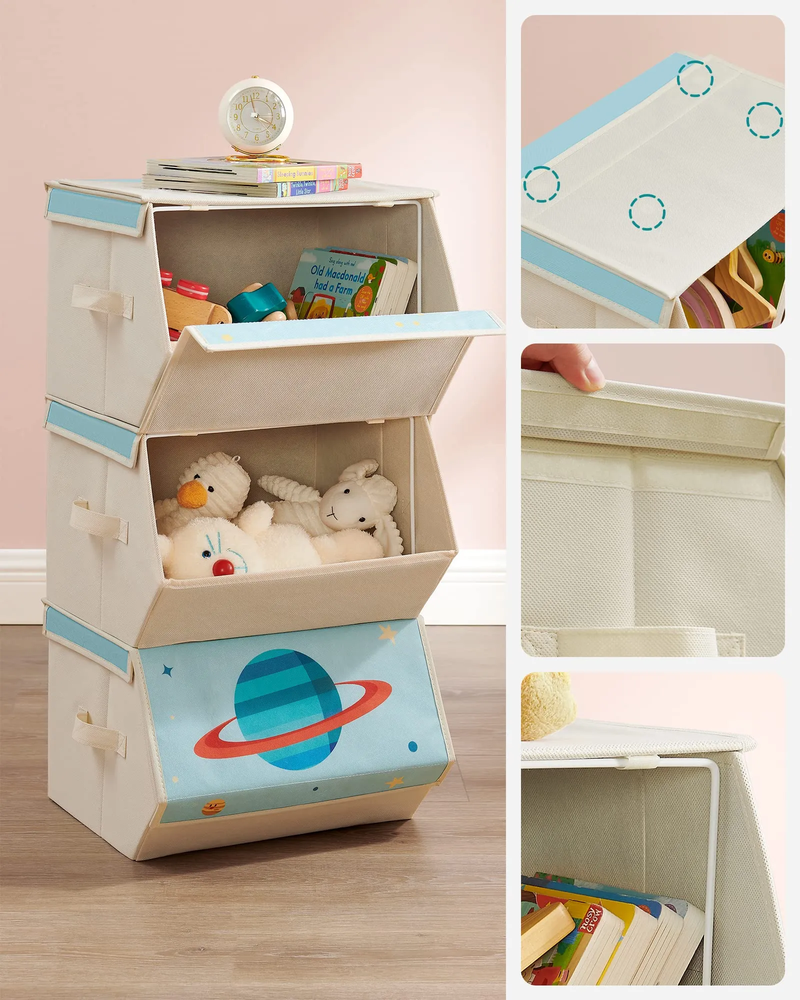 SONGMICS Organizzatori per Bambini, 3 Scatole Portaoggetti Impilabili e Pieghevoli con Manici e Coperchio Magnetico, Tema Spazio, Azzurro RLB700Q01 - immagine 4