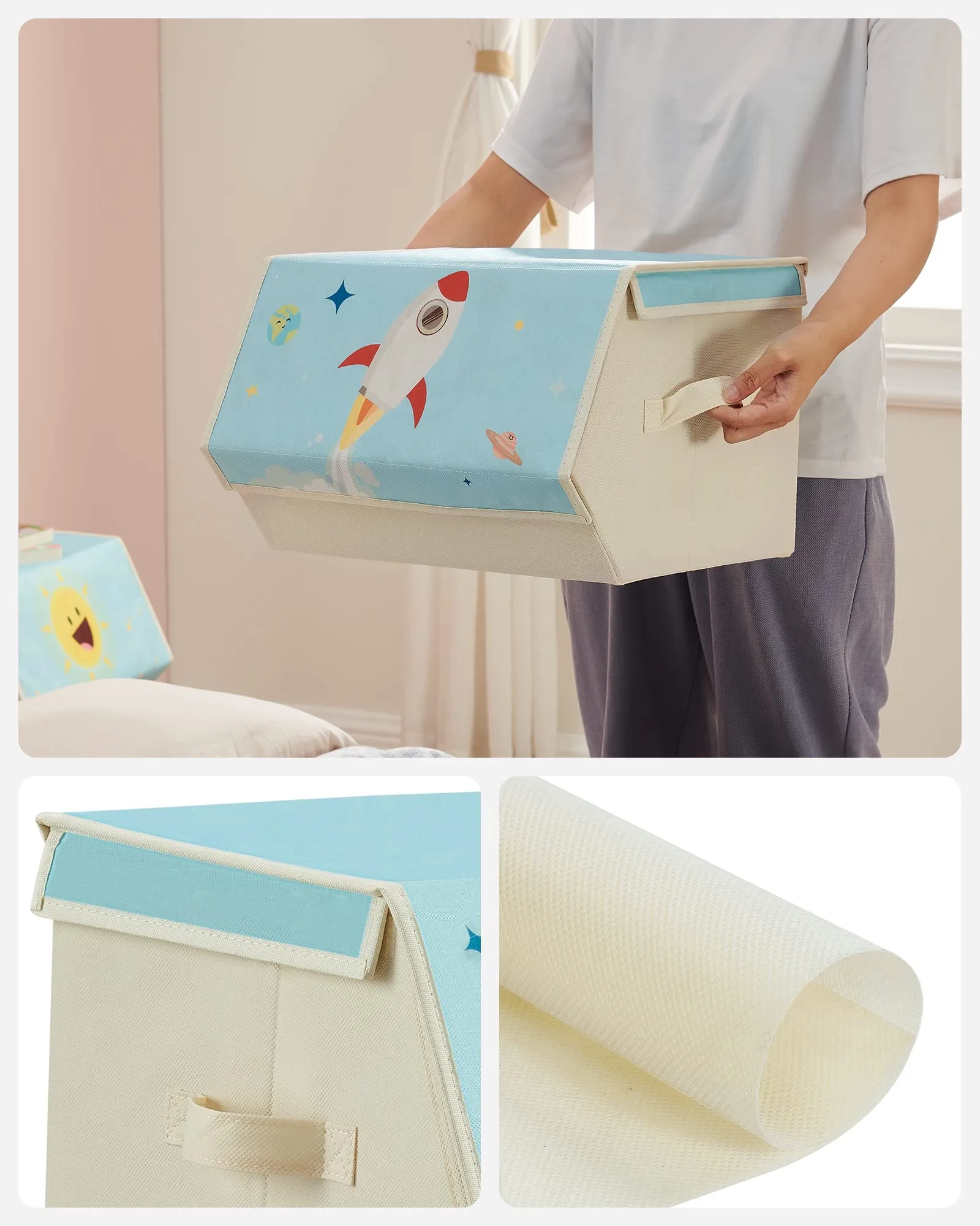 SONGMICS Organizzatori per Bambini, 3 Scatole Portaoggetti Impilabili e Pieghevoli con Manici e Coperchio Magnetico, Tema Spazio, Azzurro RLB700Q01 - immagine 6