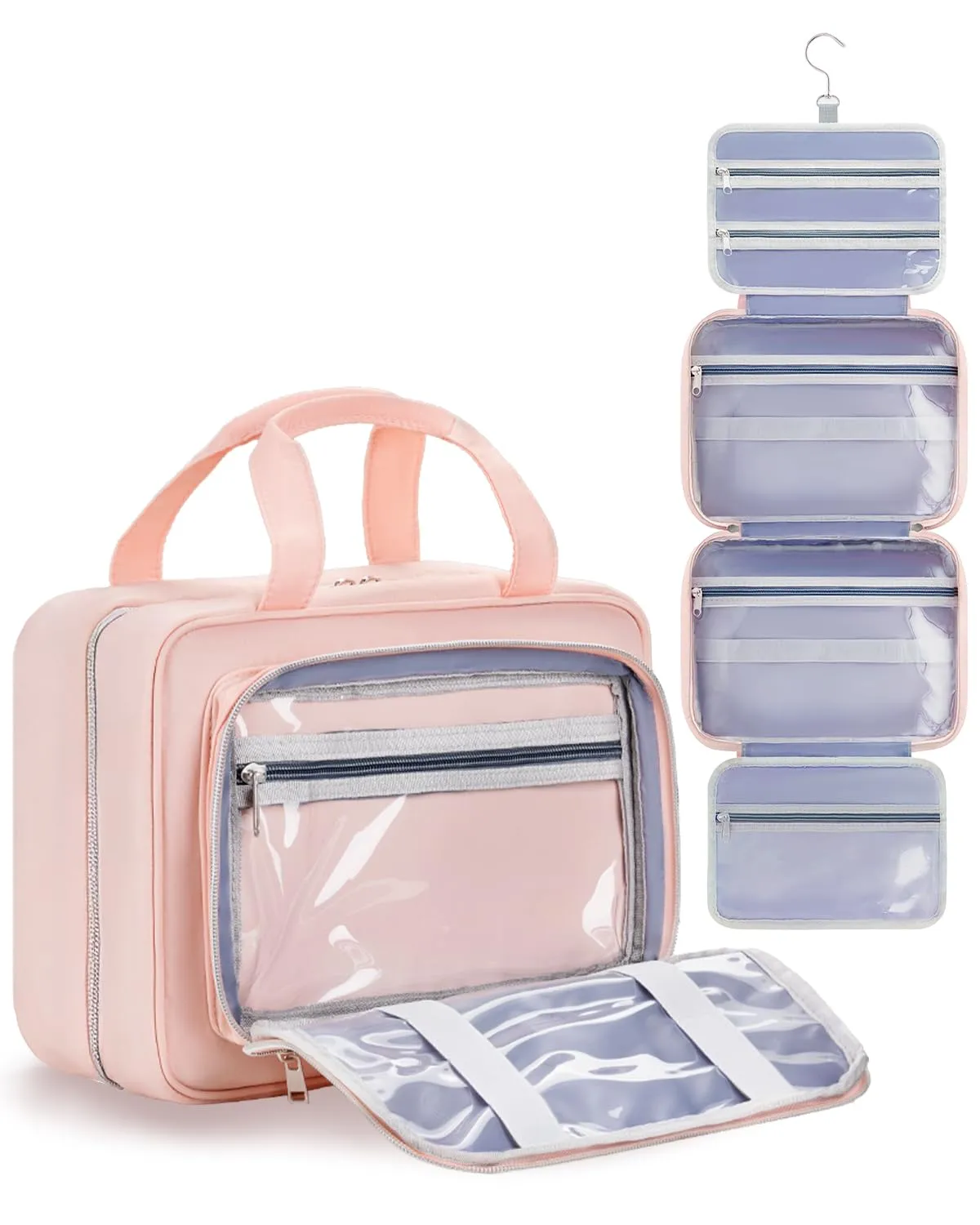 Chakipee Beauty Case da Viaggio Donna, Organizer Trucchi Impermeabile da Appendere con Finestra Trasparente, Rosa, Grande - immagine 1