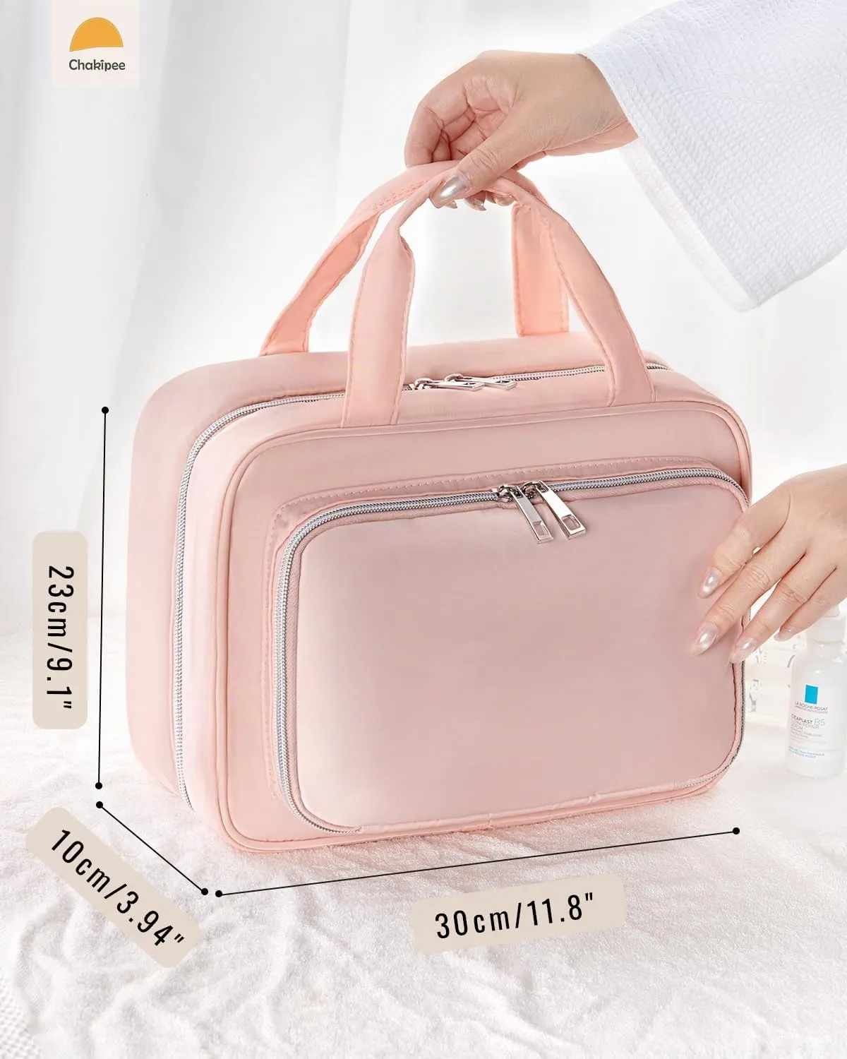 Chakipee Beauty Case da Viaggio Donna, Organizer Trucchi Impermeabile da Appendere con Finestra Trasparente, Rosa, Grande - immagine 2