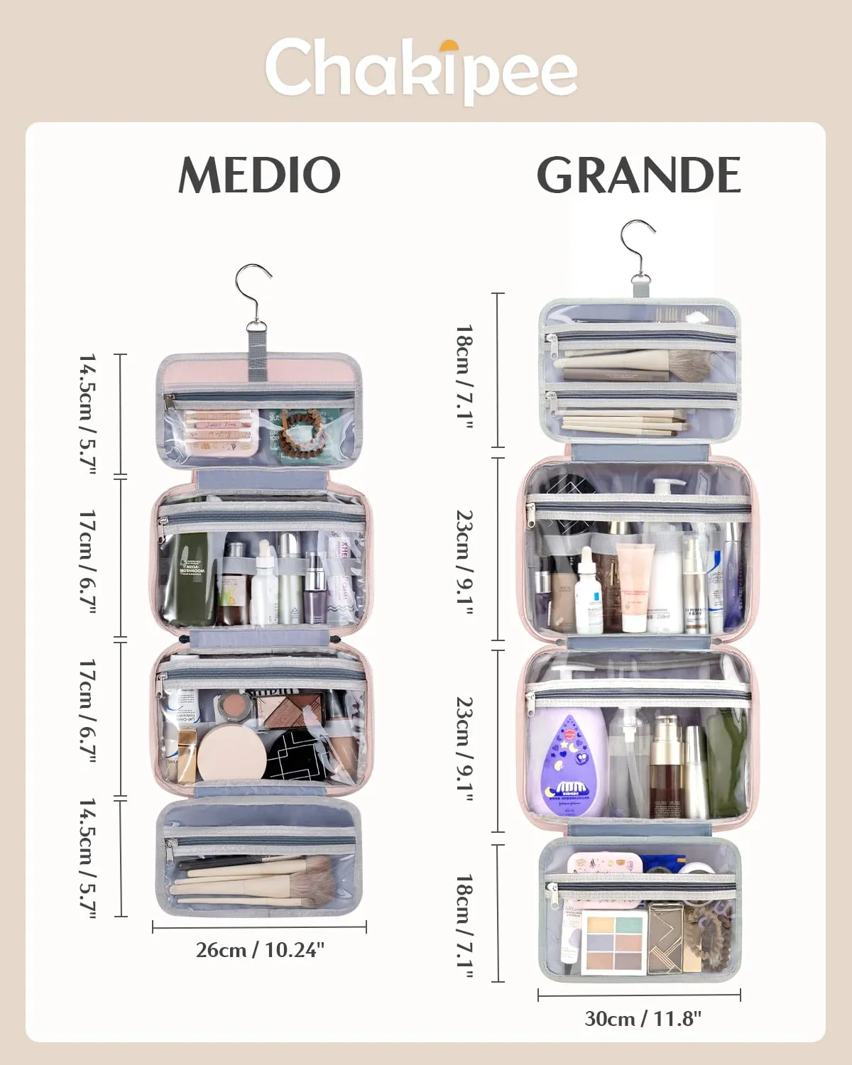 Chakipee Beauty Case da Viaggio Donna, Organizer Trucchi Impermeabile da Appendere con Finestra Trasparente, Rosa, Grande - immagine 3