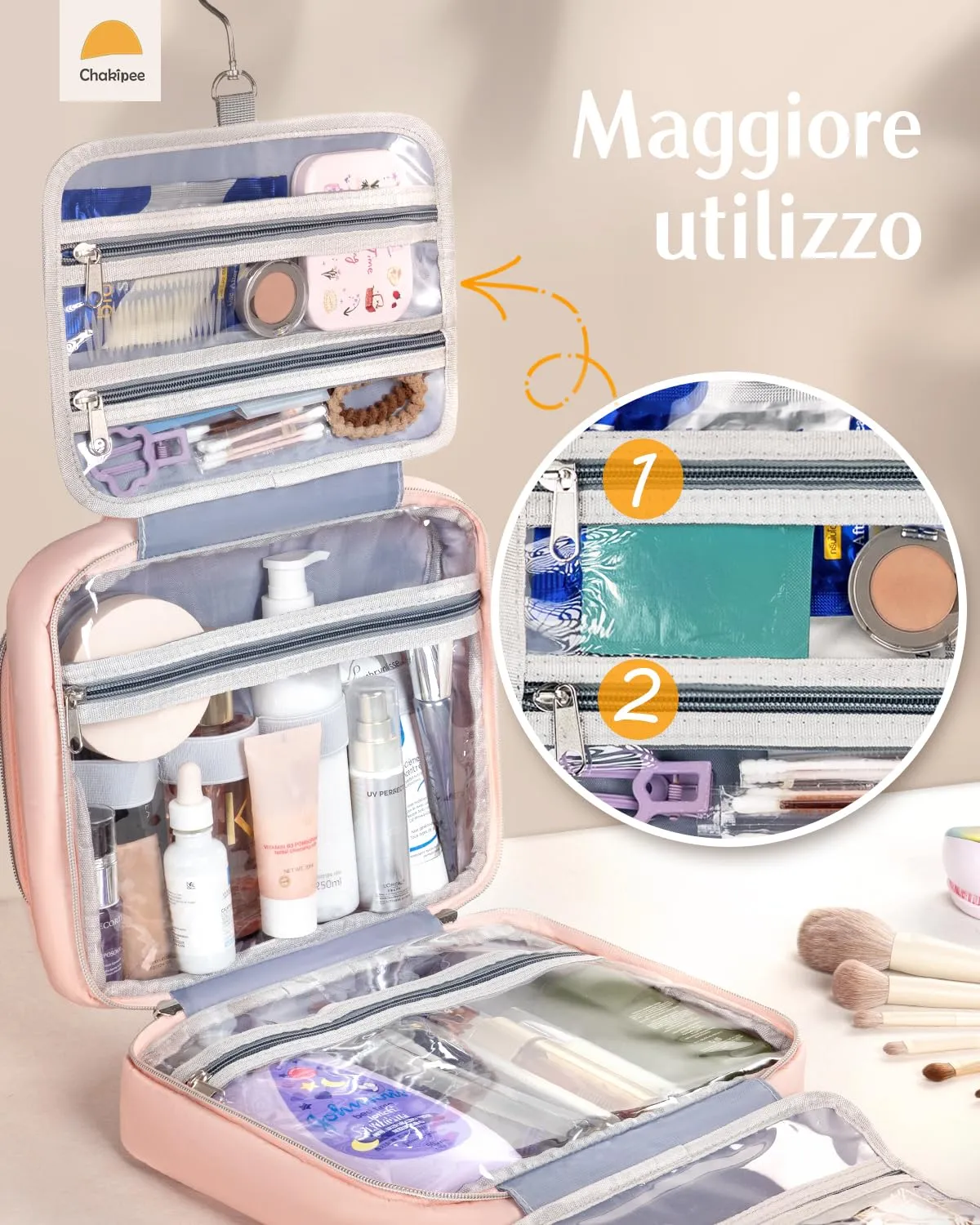 Chakipee Beauty Case da Viaggio Donna, Organizer Trucchi Impermeabile da Appendere con Finestra Trasparente, Rosa, Grande - immagine 4