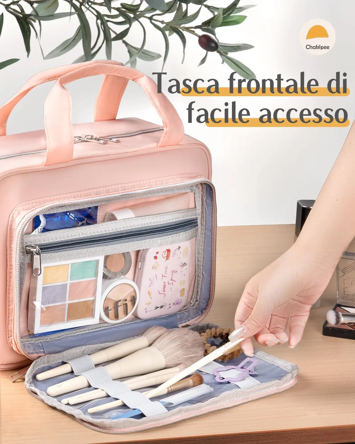 Chakipee Beauty Case da Viaggio Donna, Organizer Trucchi Impermeabile da Appendere con Finestra Trasparente, Rosa, Grande - immagine 5