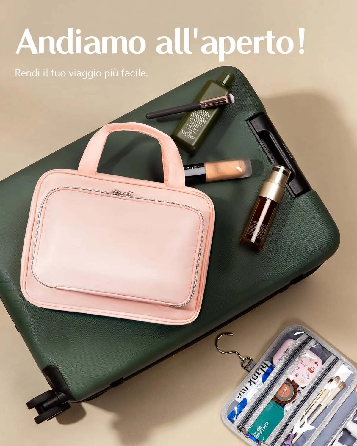 Chakipee Beauty Case da Viaggio Donna, Organizer Trucchi Impermeabile da Appendere con Finestra Trasparente, Rosa, Grande - immagine 7