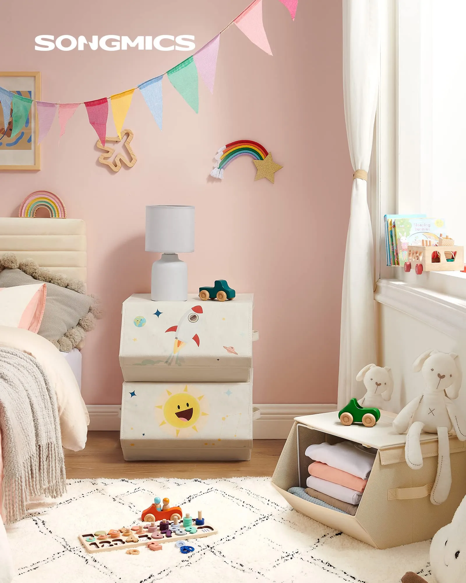 SONGMICS Organizzatori per Bambini, 3 Scatole Portaoggetti Impilabili Pieghevoli con Manici e Coperchio Magnetico, Tema Spazio, Beige RLB700M01 - immagine 2
