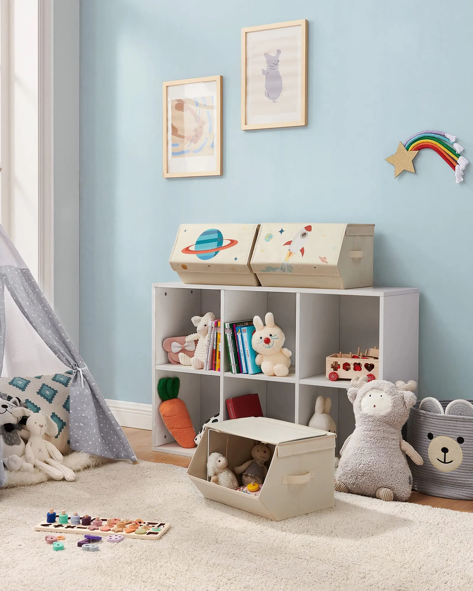 SONGMICS Organizzatori per Bambini, 3 Scatole Portaoggetti Impilabili Pieghevoli con Manici e Coperchio Magnetico, Tema Spazio, Beige RLB700M01 - immagine 3